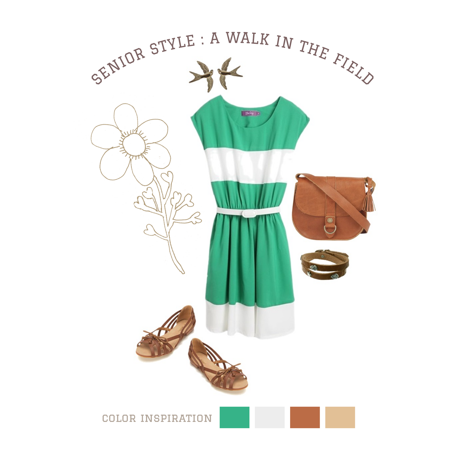 Green and white striped sundress styled with brown accessories and natural floral accents.