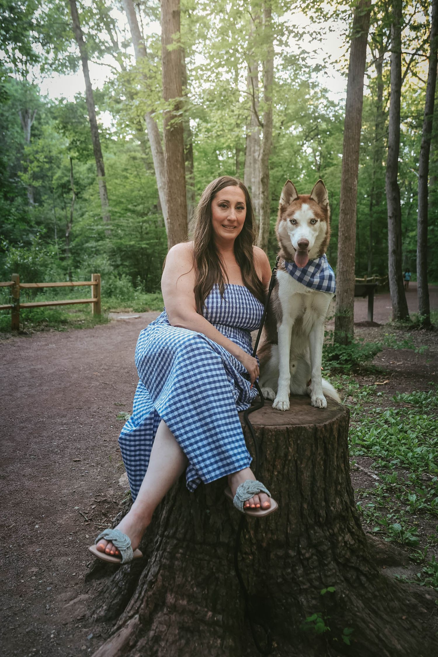 Woman in blue gingham dress sits on tree stump with red Husky dog wearing bandana in forest park setting.