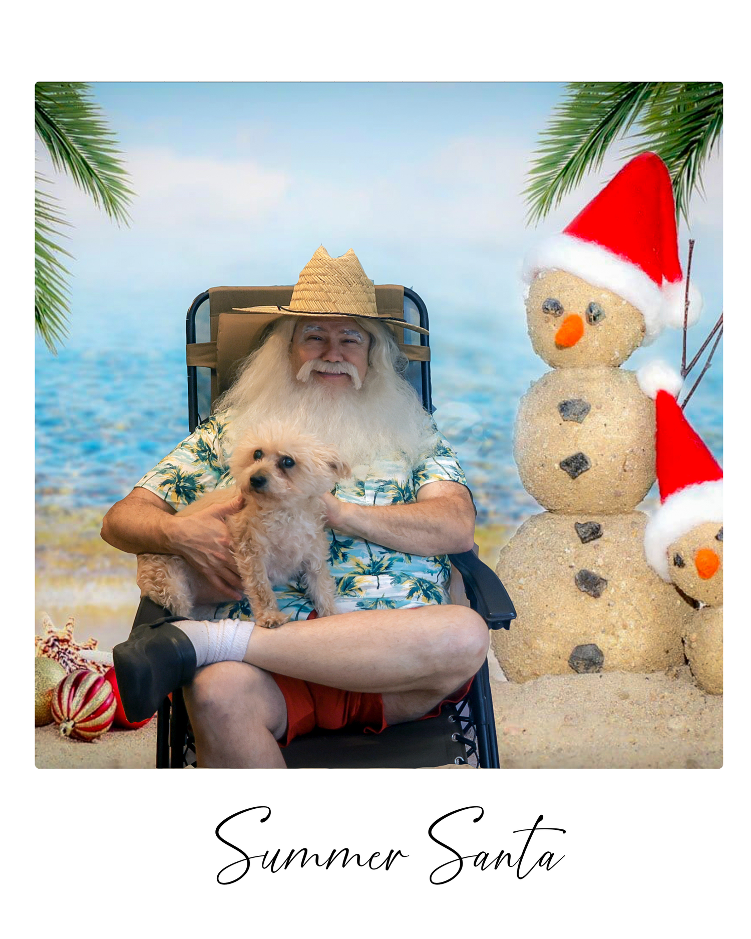 A festive beach scene with a sandman wearing a Santa hat and decorative items on a tropical shoreline.