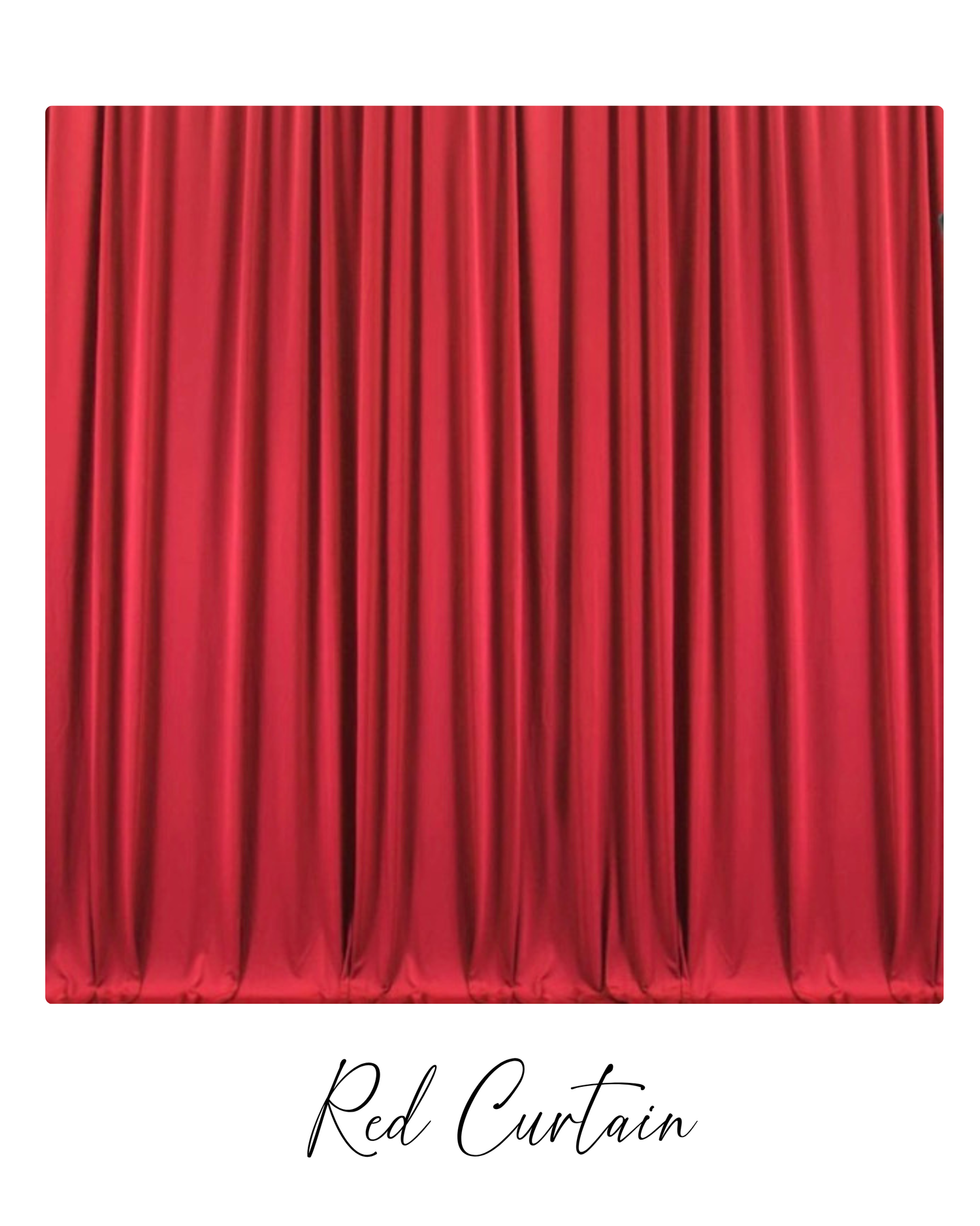 A vibrant red stage curtain with deep vertical folds creates an elegant theatrical backdrop.
