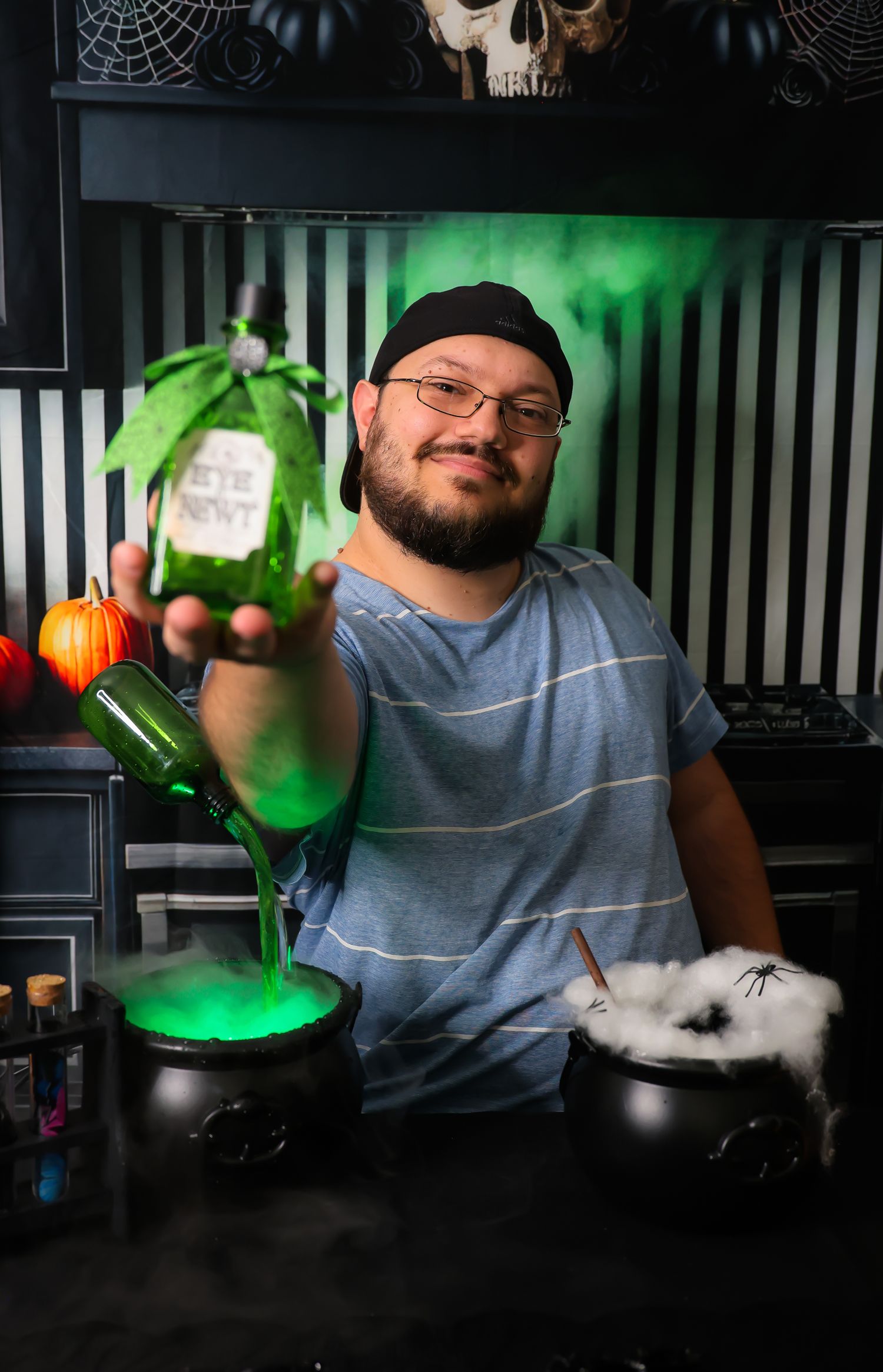 A sequence of photos showing a green glowing liquid being poured into a glass in a dimly lit setting.