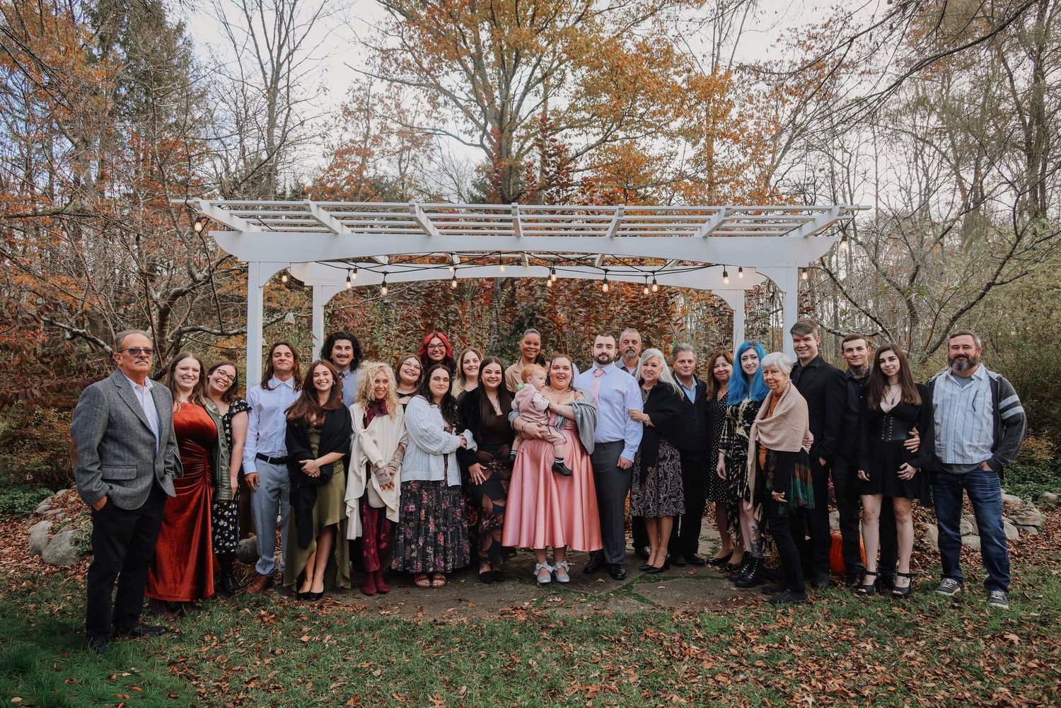 A series of outdoor group photos arranged in a horizontal collage showing people gathered in autumn settings.