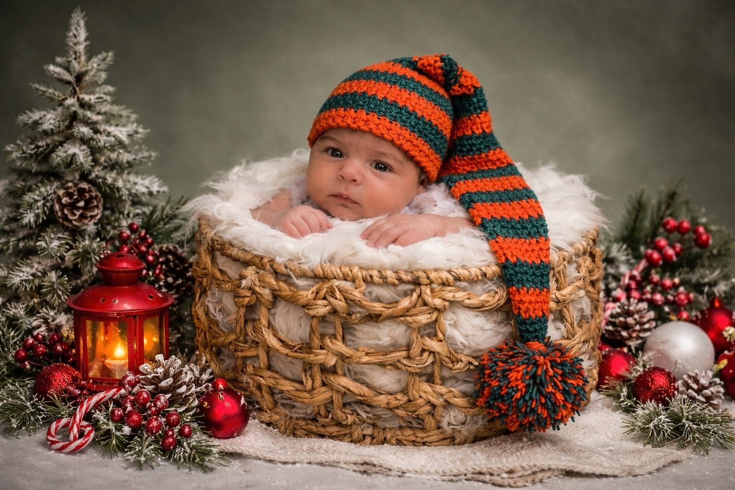 Winter scene with striped knit hat, straw basket, berries and holiday decorations against grey background.