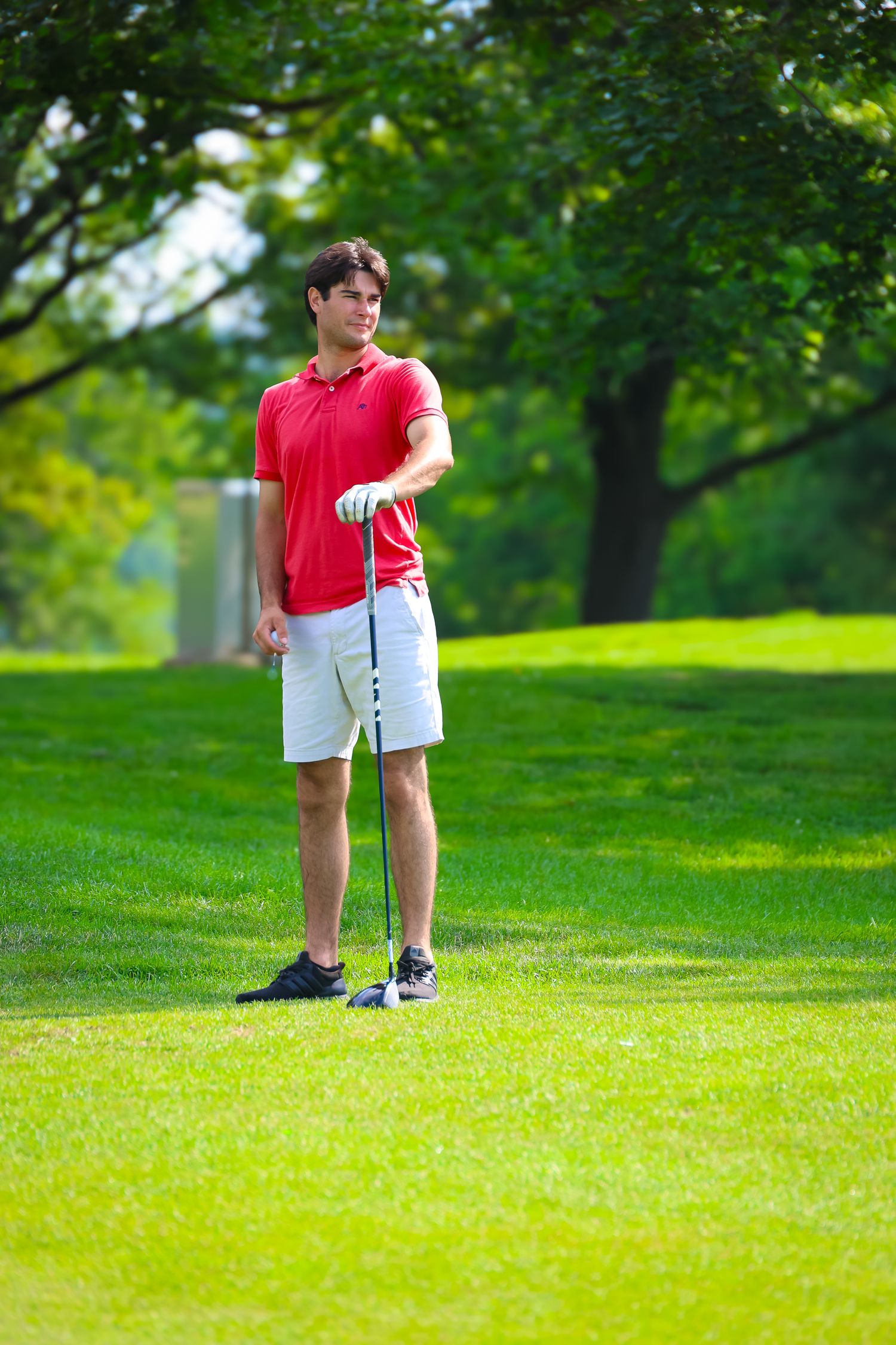 A golfer in a red shirt and white shorts lines up to make a putt on a lush green golf course.