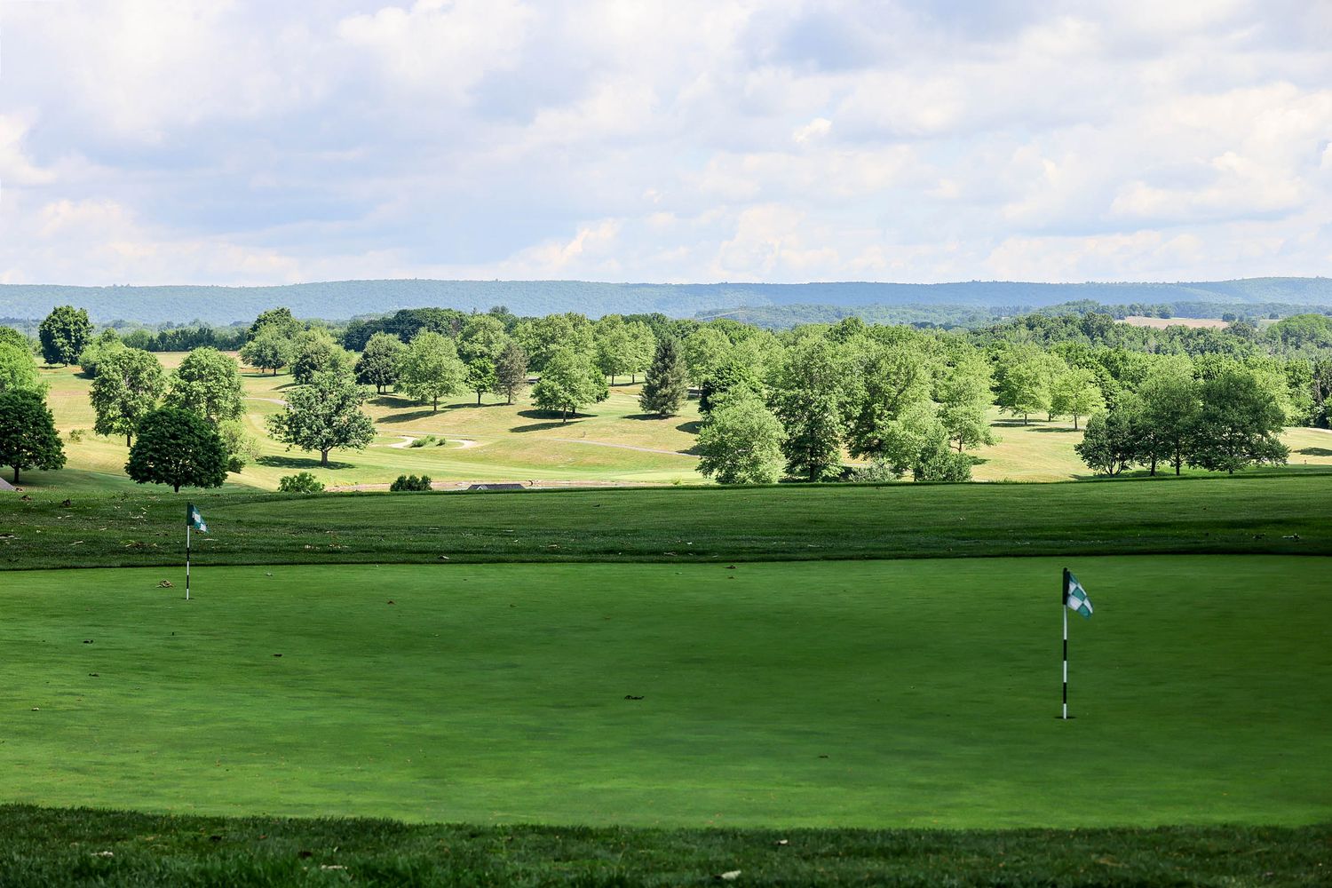 Lush green golf course with fairways, flags, and tree-lined horizon under a partly cloudy sky.