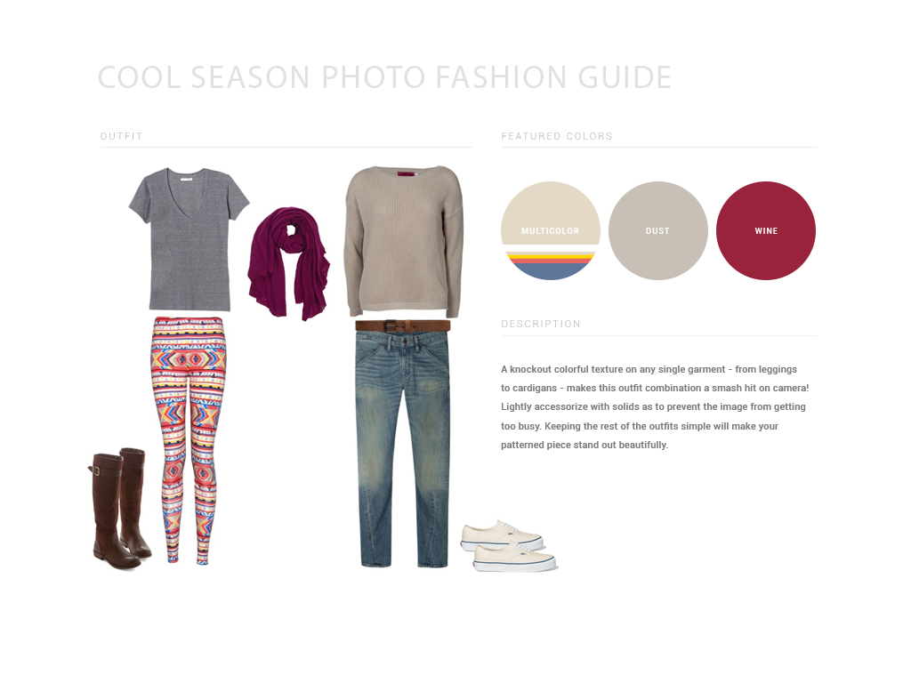 Winter outfit layout with patterned leggings, sweater and boots next to coordinating color swatches.