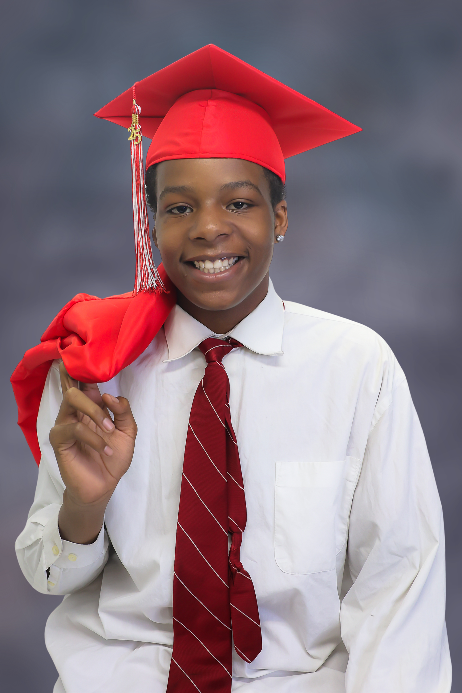 A graduation photo series showing different poses in a white dress shirt, red tie, and red cap against a gray backdrop.