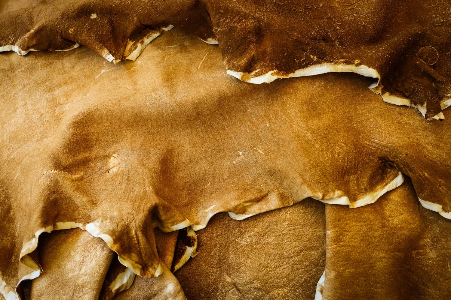 Close-up macro view of brown leather material showing natural texture and torn edges.