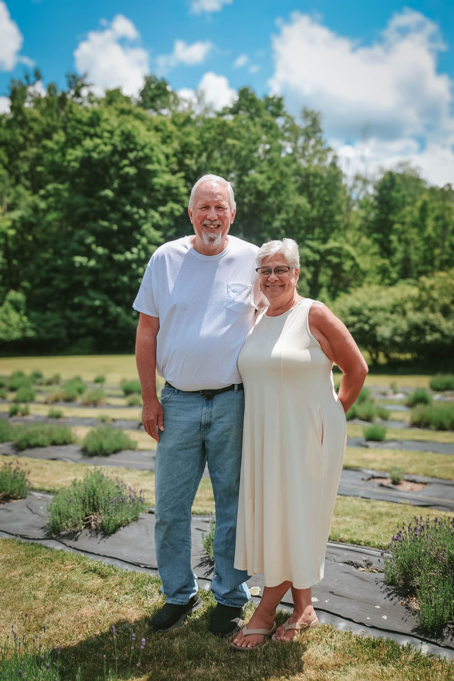 Smiling senior couple standing together in a lavender garden on a sunny day, surrounded by lush green trees.