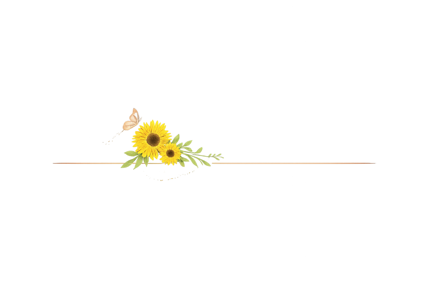 A single yellow sunflower with green leaves decoratively arranged along a thin horizontal line.