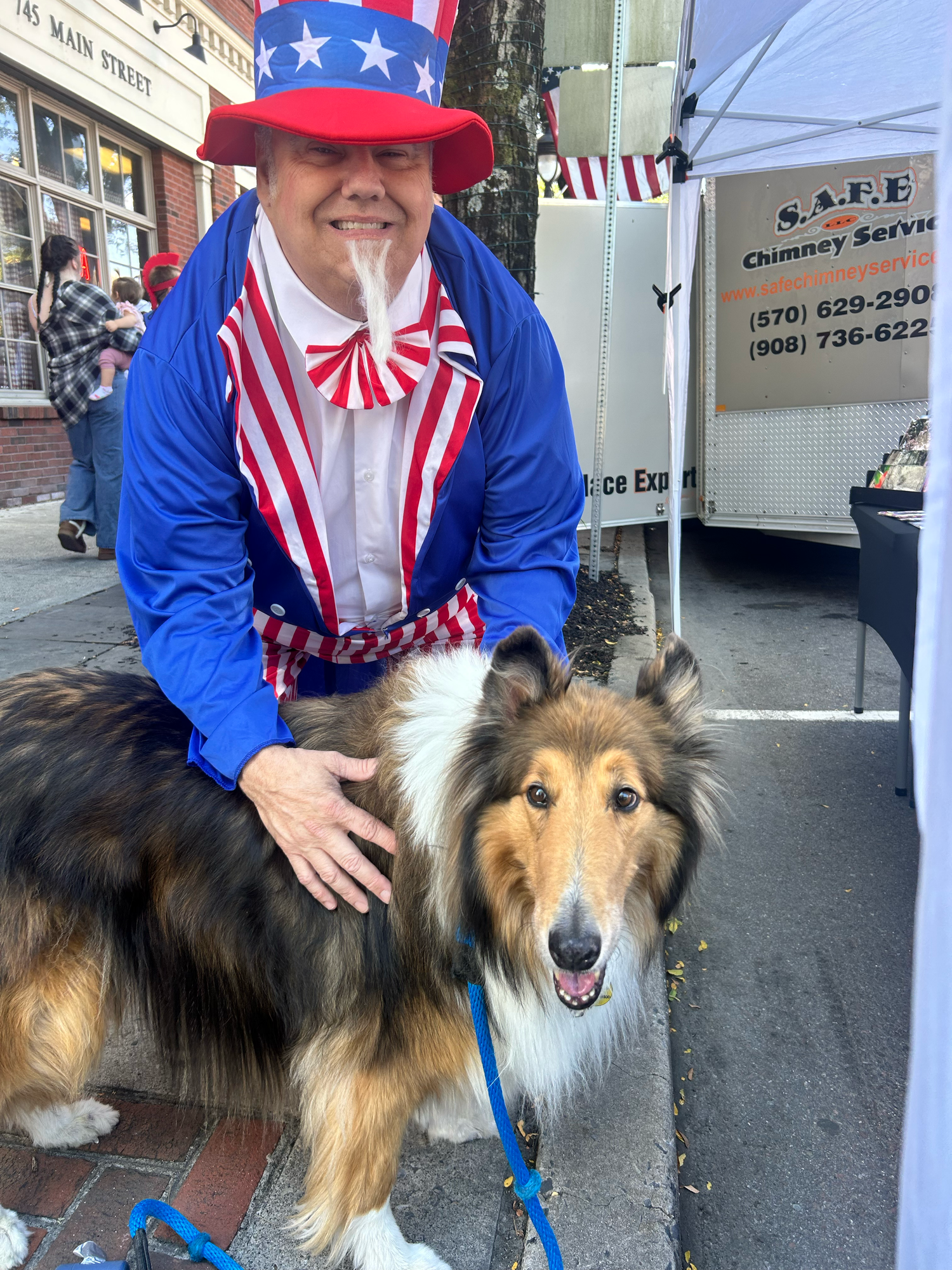 A Shetland Sheepdog wearing patriotic American flag attire sits on a sidewalk during a parade celebration.