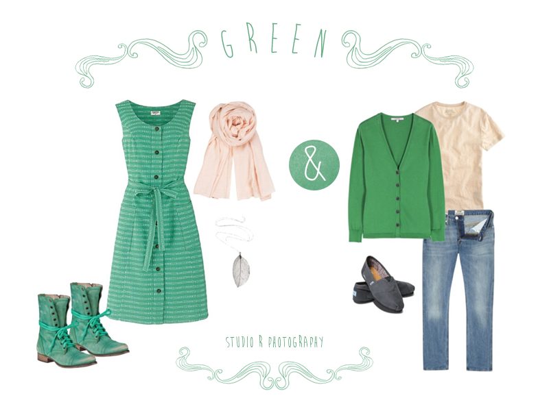 Style guide in green tones showing coordinated casual outfits and accessories for couples.