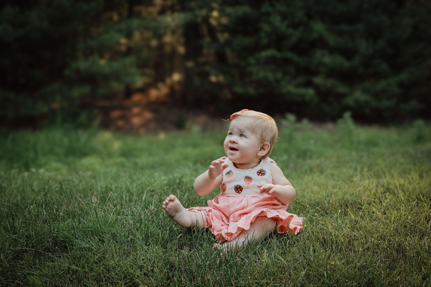 A series of candid moments captured on a grassy lawn during a summer outdoor photoshoot.