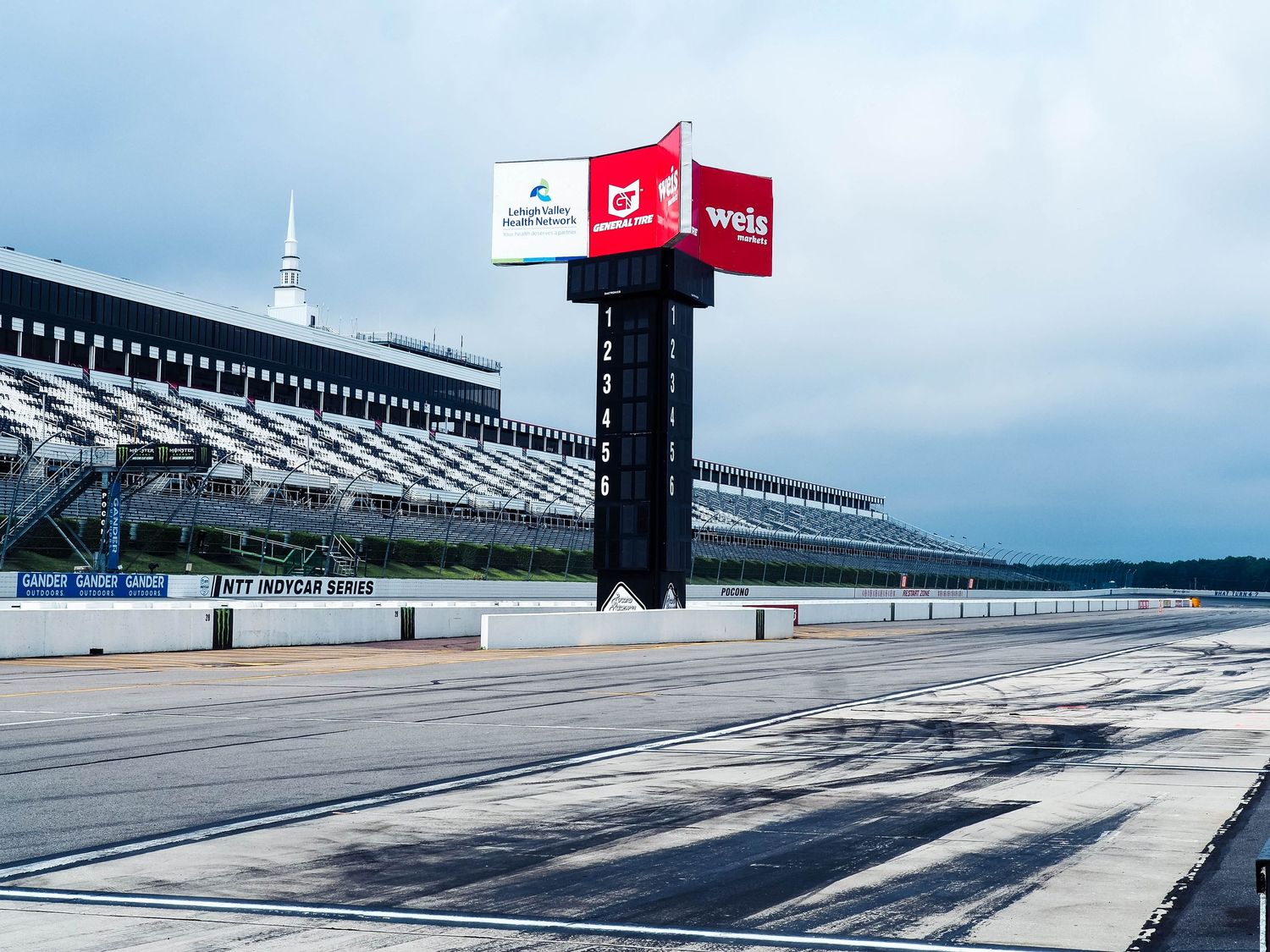 A series of racing track images showing empty pit lanes and grandstands at a motorsport circuit under cloudy skies.