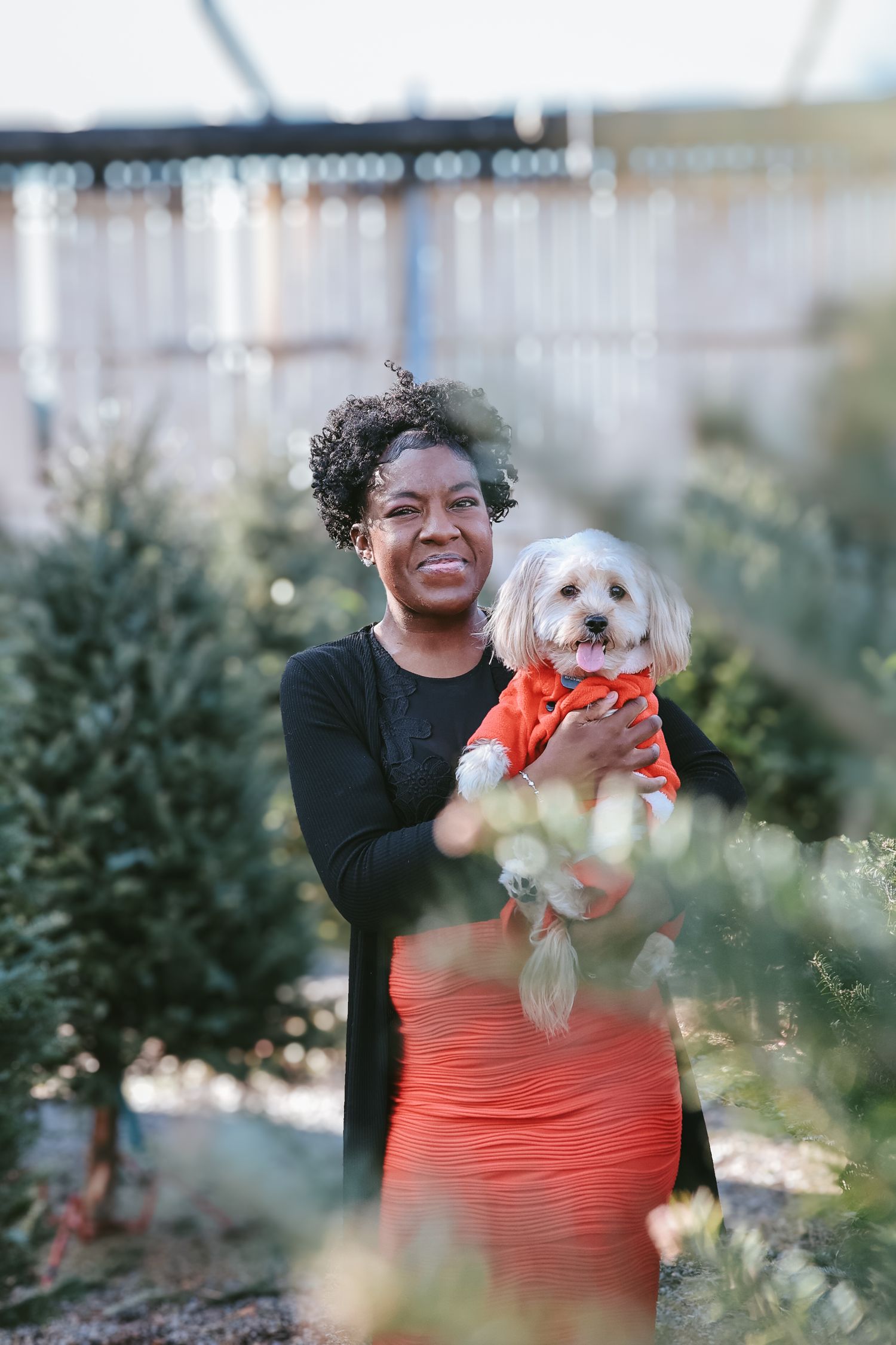 A person in an orange top joyfully holds a small white Maltese dog wearing an orange outfit near Christmas trees.