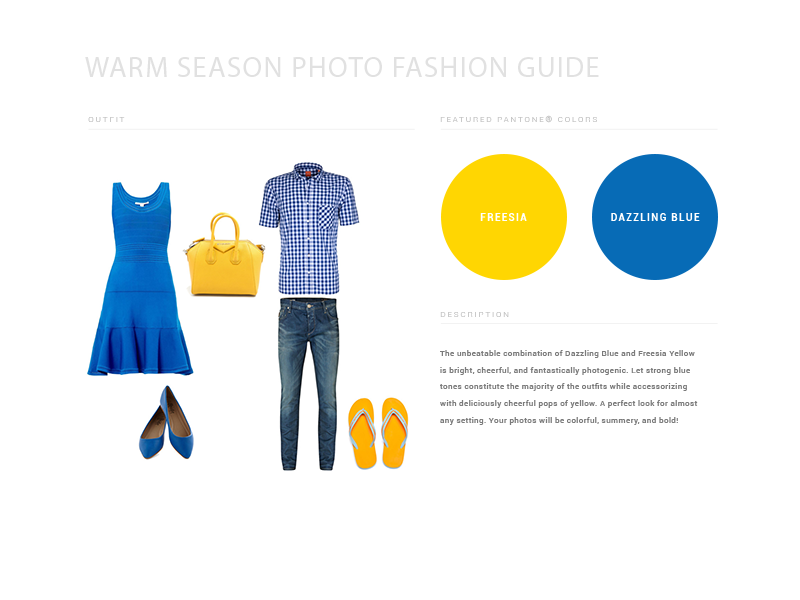 Fashion guide featuring blue dress, yellow bag, and casual denim with coordinating color circles.