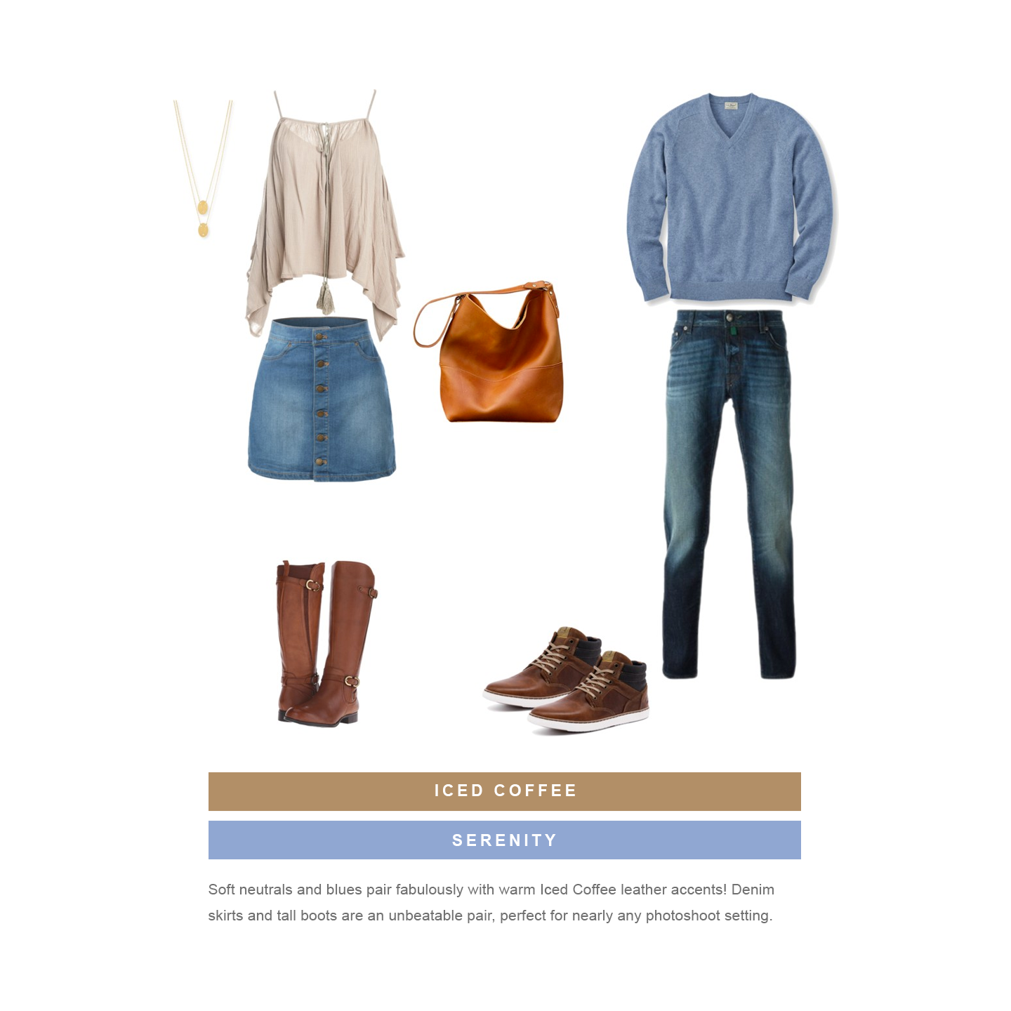 Casual couples outfit set featuring denim, neutral sweaters, brown boots and accessories.