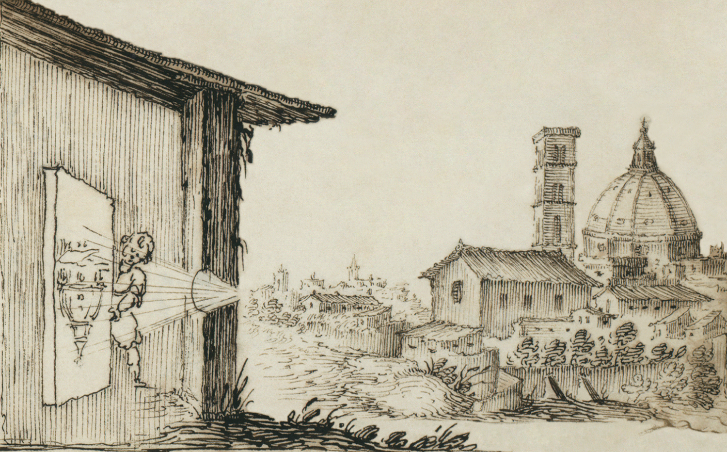 Historical pen and ink sketches showing various scenes of buildings and architectural details in sepia tones.