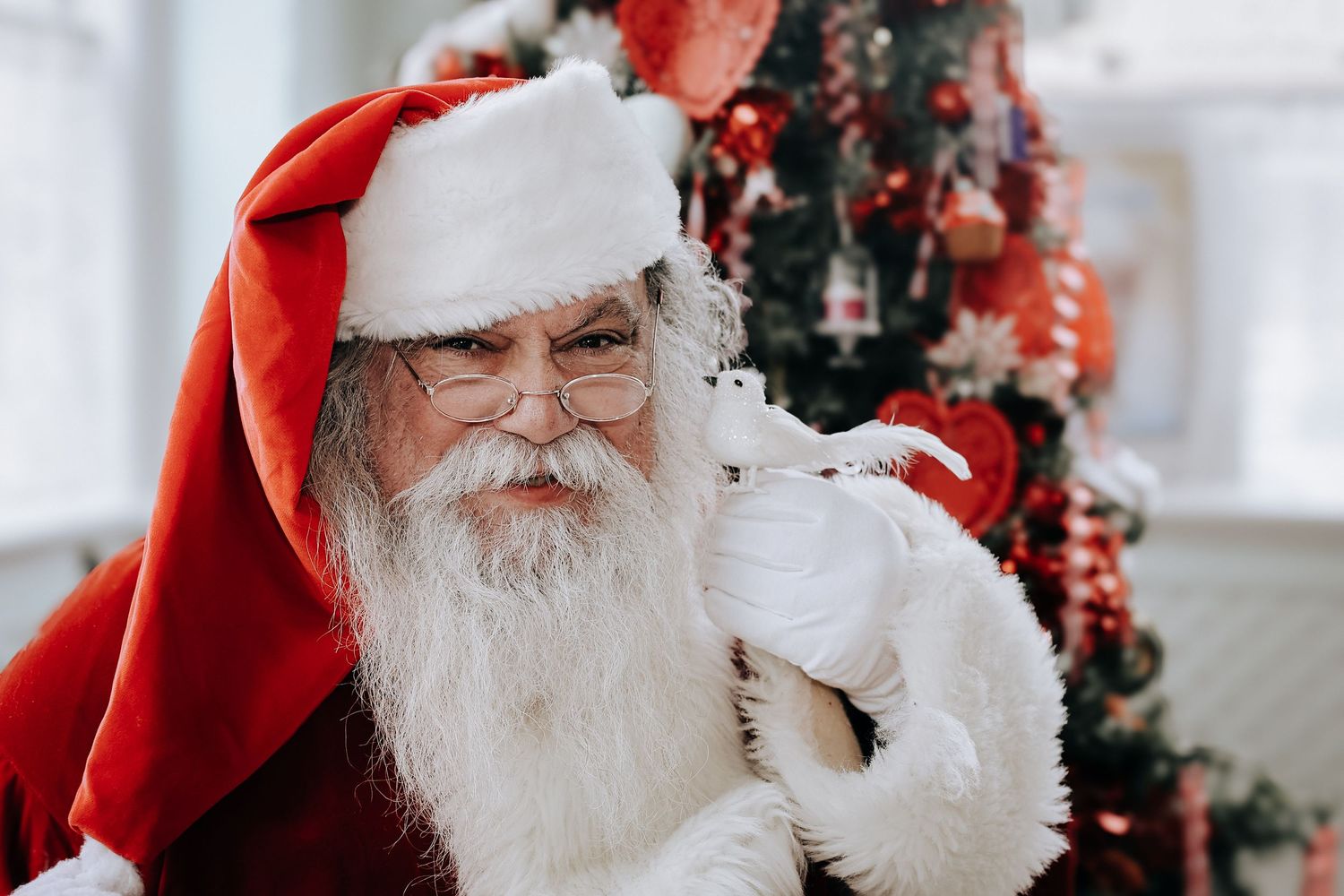 A traditional holiday figure in red and white attire with a natural white beard smiles warmly by a decorated Christmas tree.