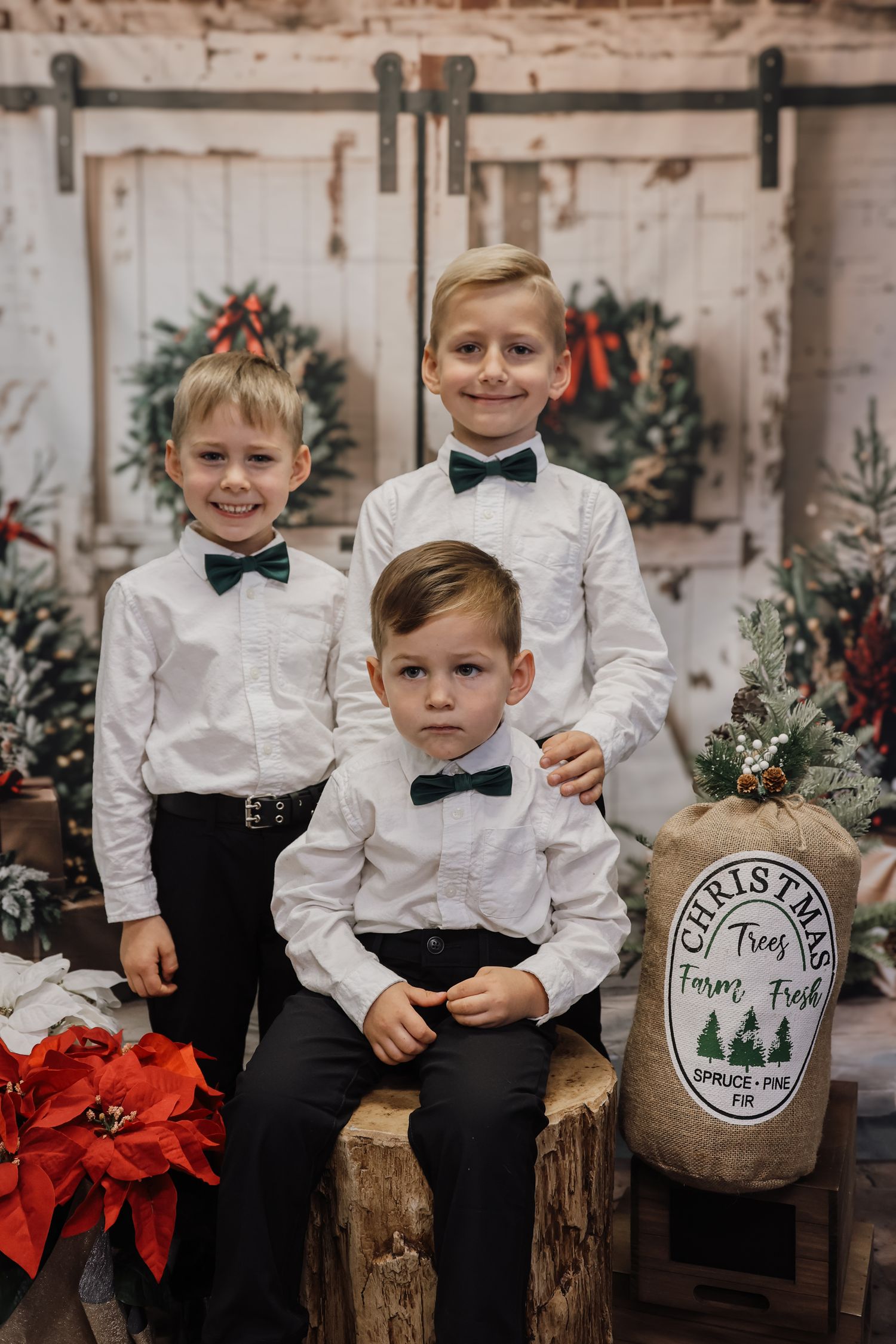 Three boys in white shirts and green bow ties pose for a festive Christmas photo with holiday decorations.