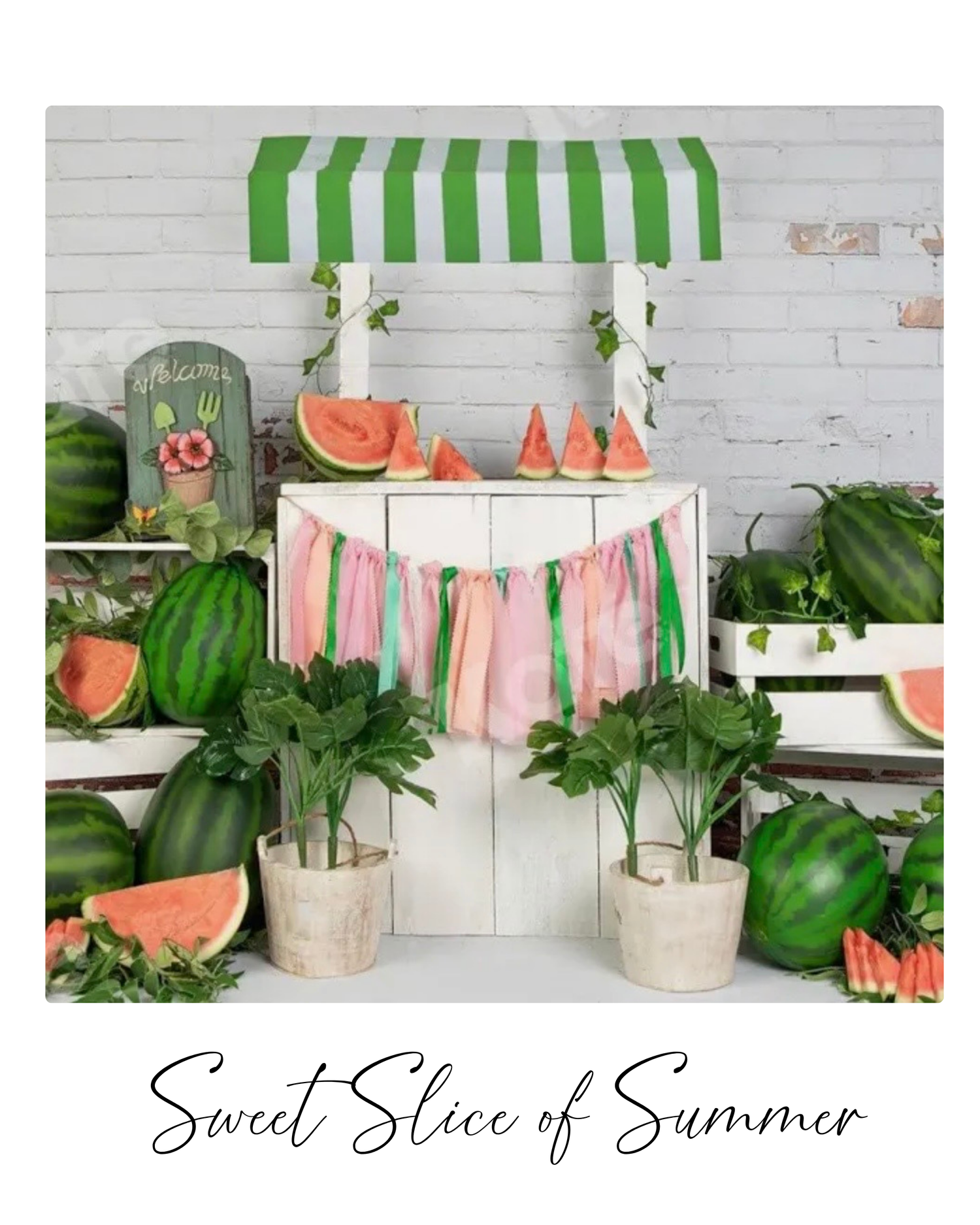 A vibrant summer watermelon stand with green striped awning, fresh sliced watermelons, and lush greenery on a white backdrop.