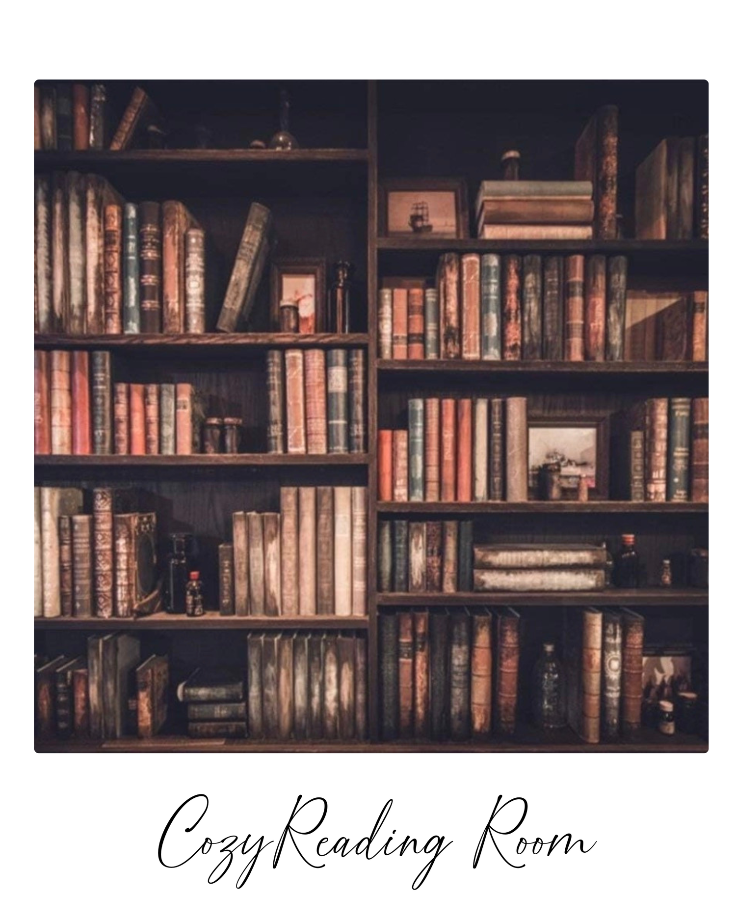 A cozy reading room with wooden bookshelves filled with vintage books in warm lighting and rustic ambiance.