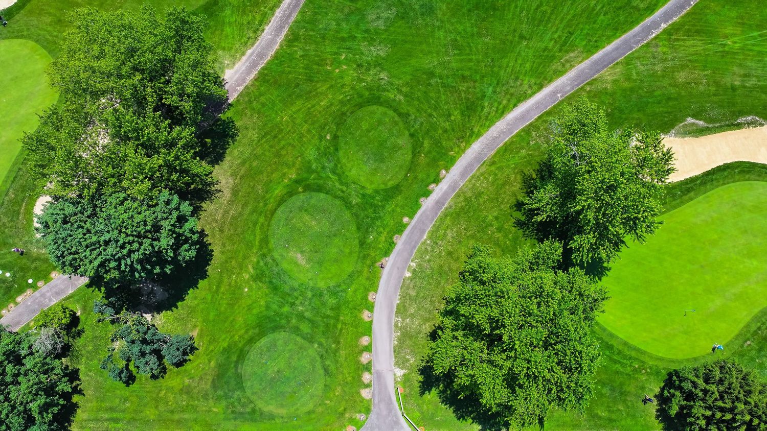 Aerial view of a lush green golf course with winding cart path surrounded by trees.