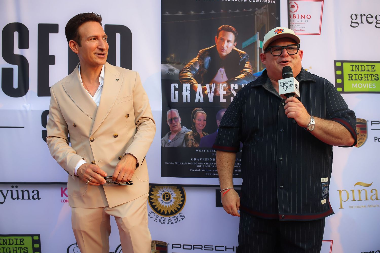 A collage of people speaking at various events and promotional appearances with movie posters in the background.