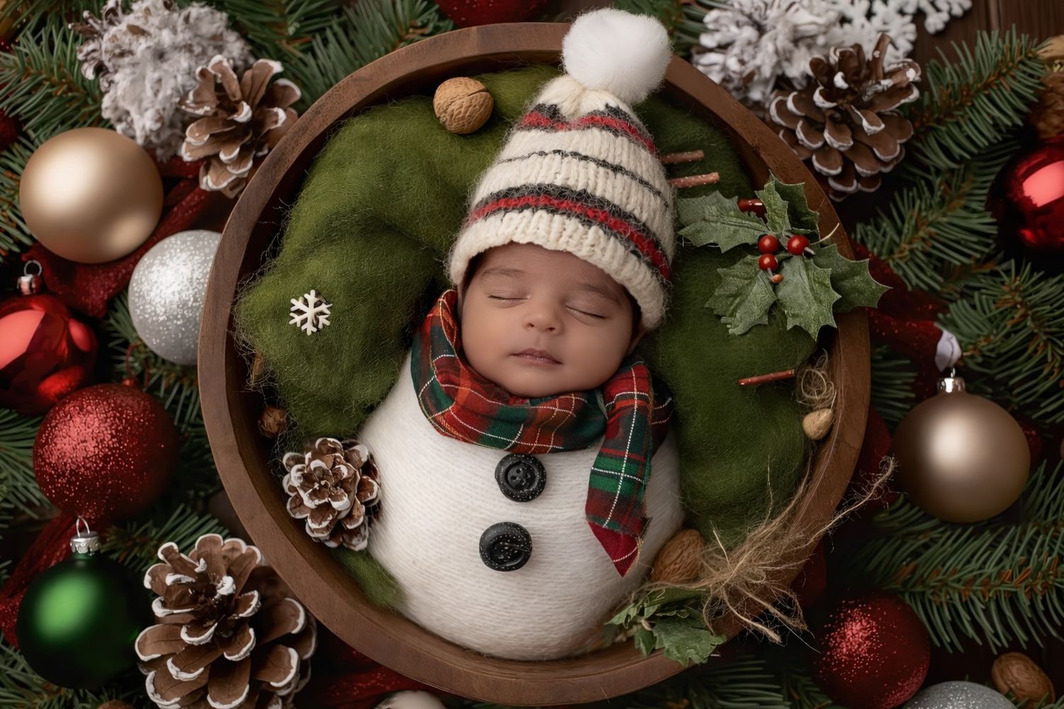 Holiday decor featuring white snowman, ornaments, and pine branches with rustic wooden elements.