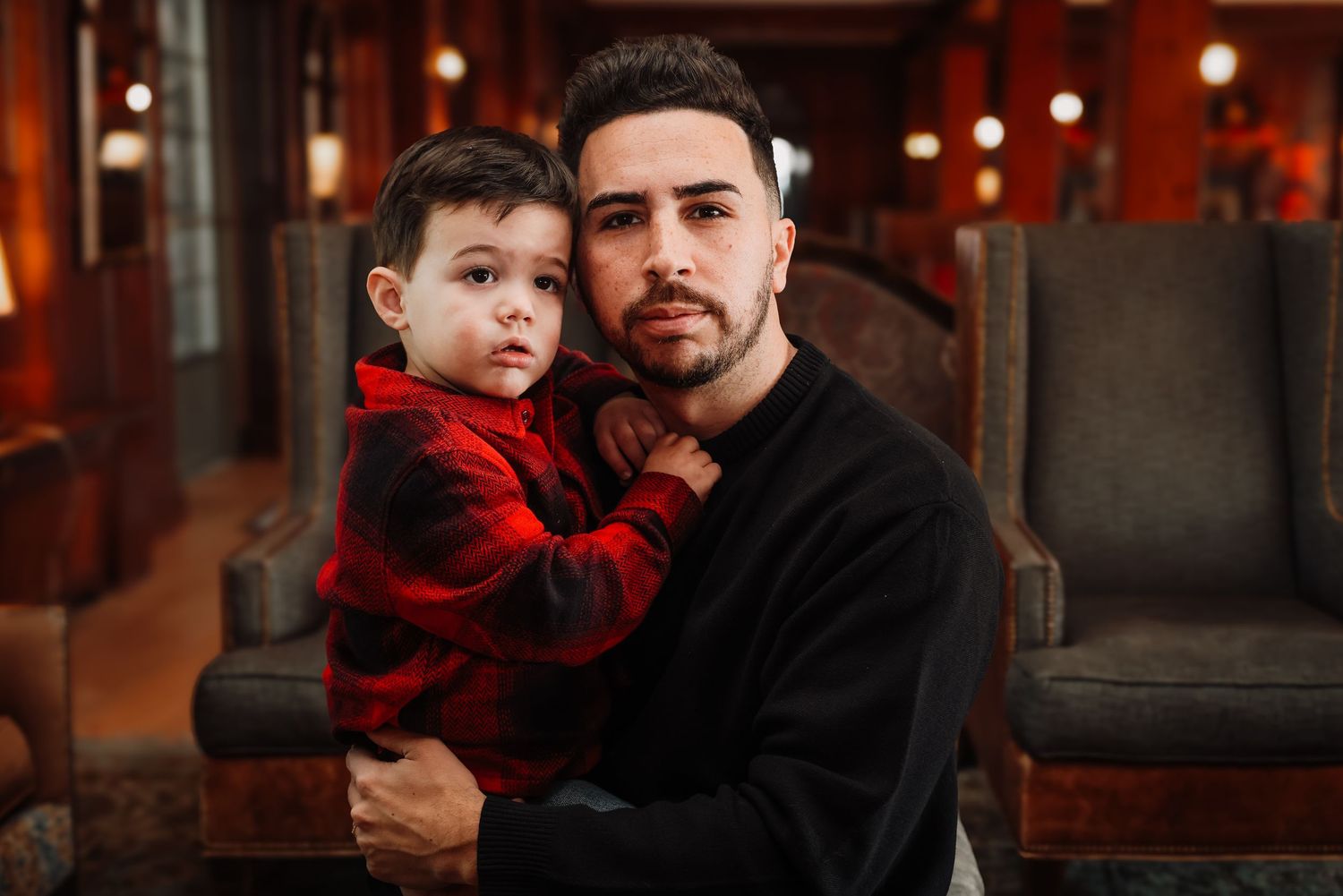 A series of six similar photos showing a parent and child embracing in a warmly lit indoor setting.