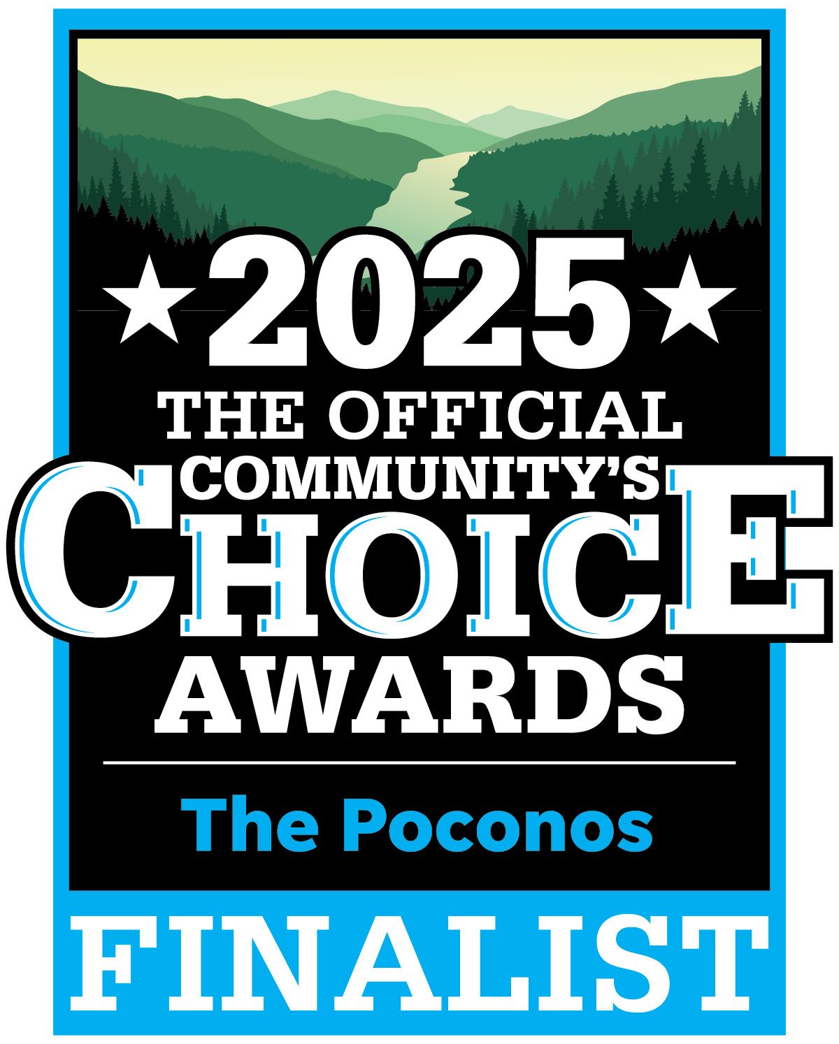 2025 Community's Choice Awards finalist banner for The Poconos region with mountain landscape.