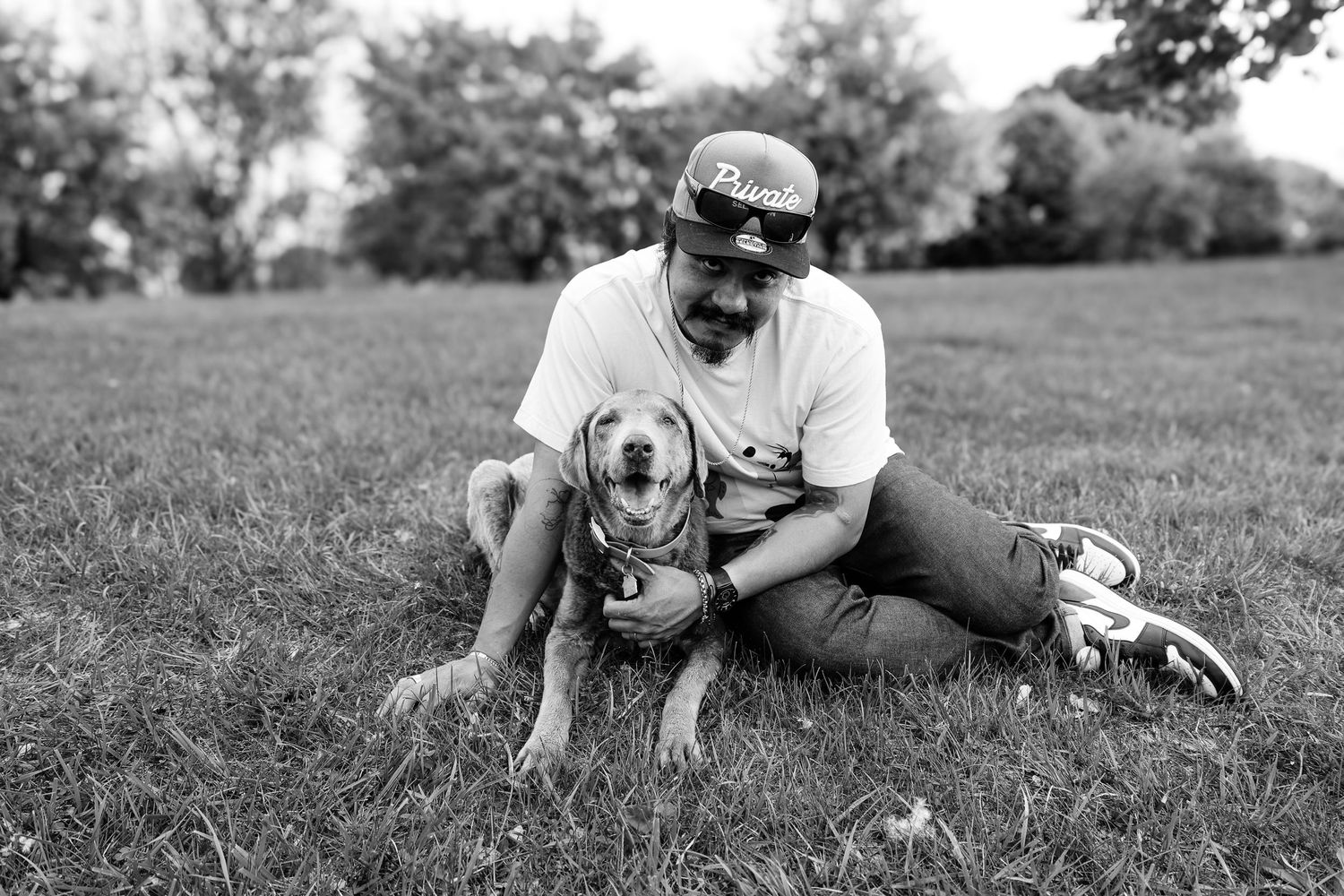 A sequence of black and white photographs showing someone lying in grass and playing with a dog outdoors.