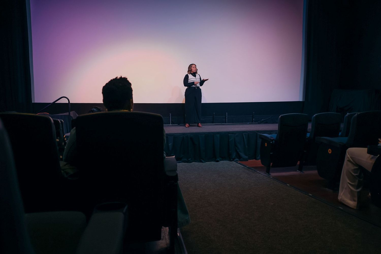 A presenter stands on a dimly lit stage before a large screen, addressing a small seated audience in a theater.