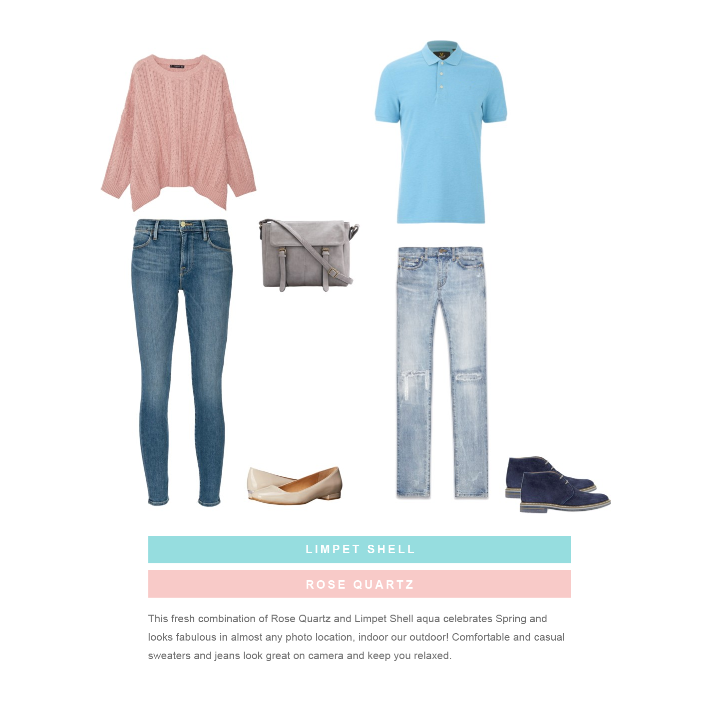 Fashion outfit featuring pink sweater, blue polo shirt, jeans, and accessories in a casual style guide layout.