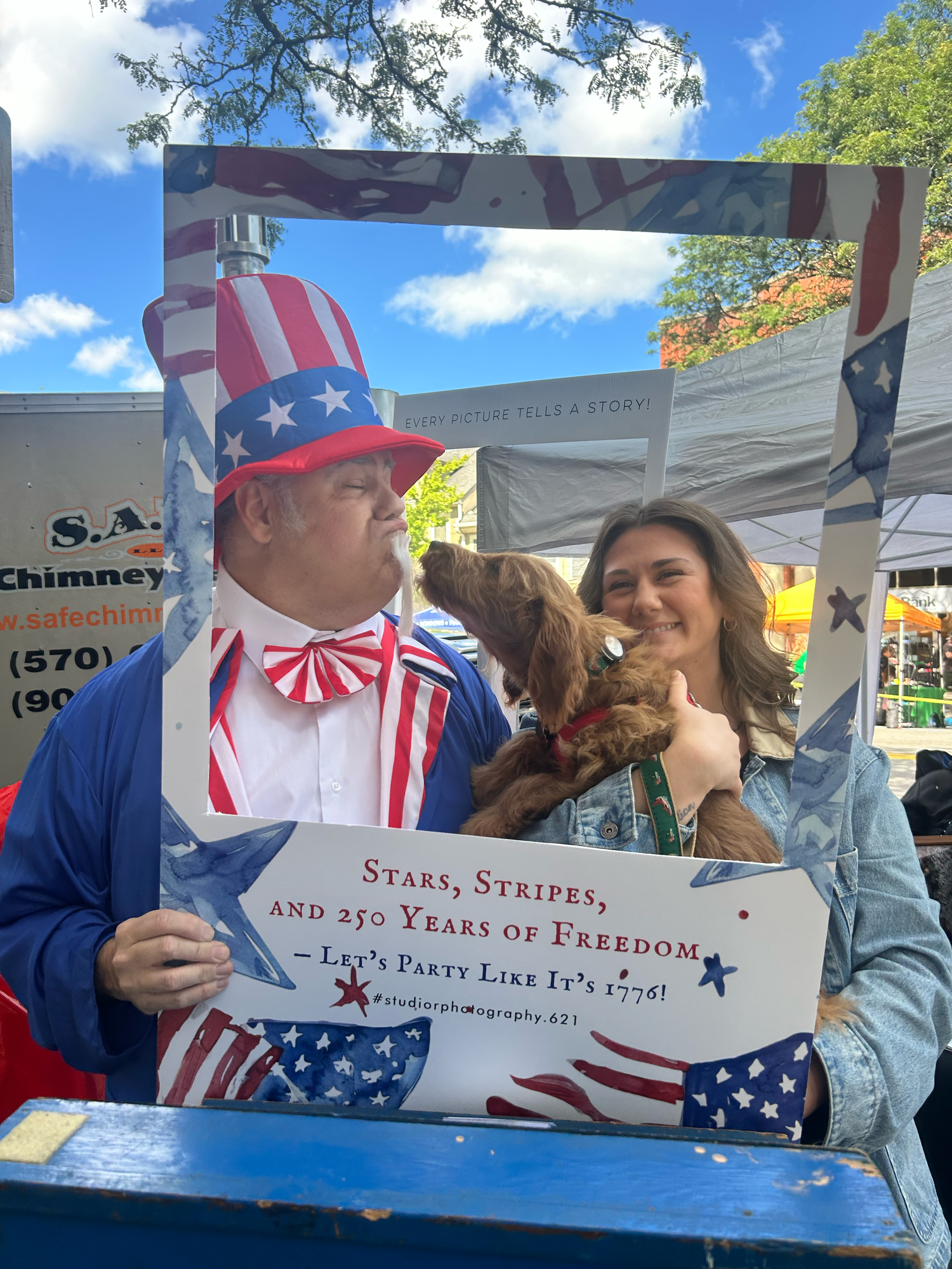 A collage showing 4 similar images with white banners and patriotic symbols, including stars and stripes against blue sky.