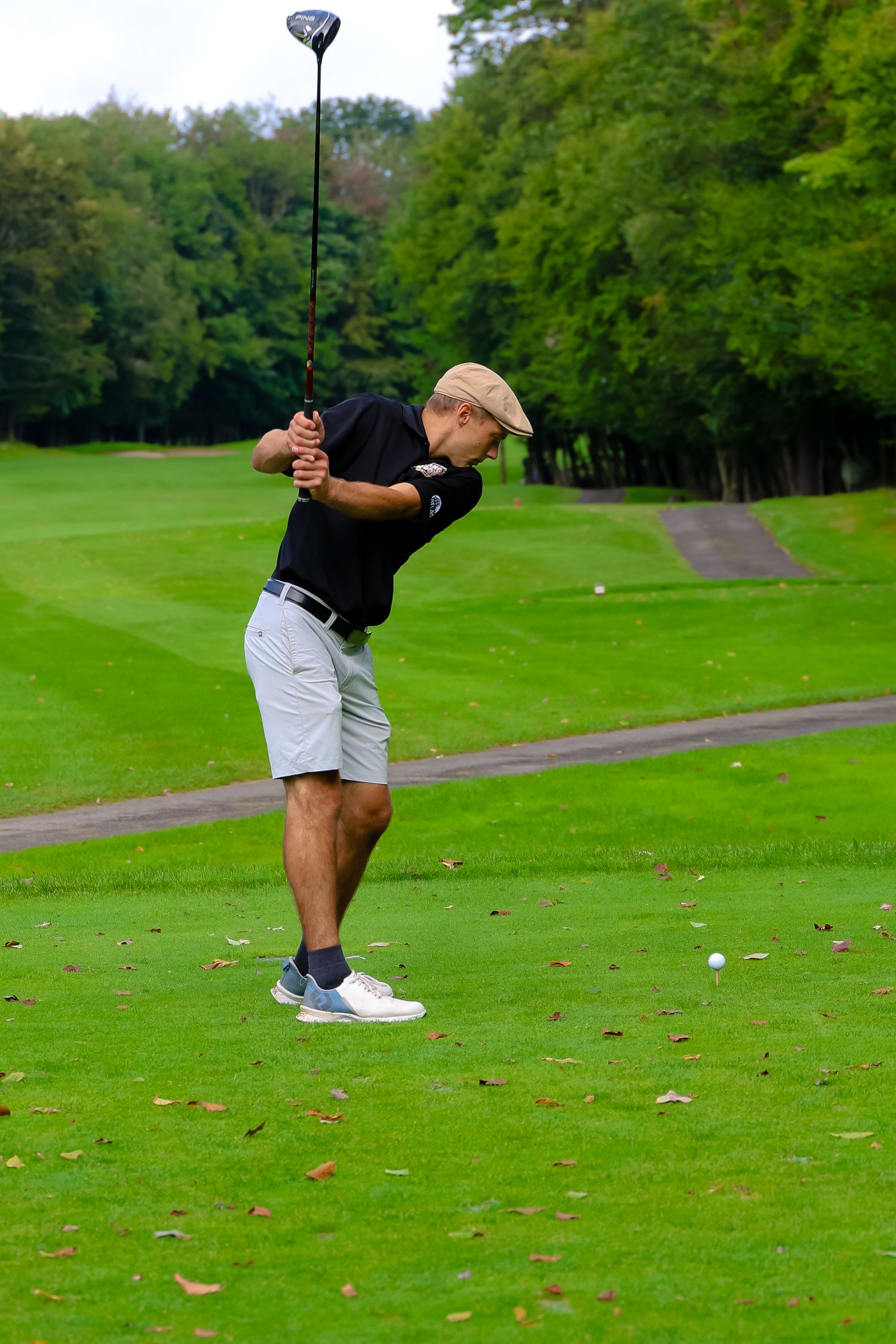 A golfer demonstrates a golf swing sequence on a lush green course with trees in the background.