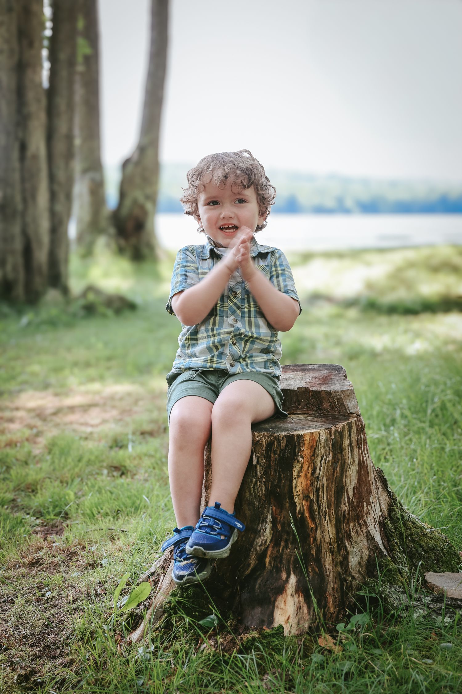 A young child in a plaid shirt sits on a tree stump in a grassy outdoor setting, showing playful expressions.