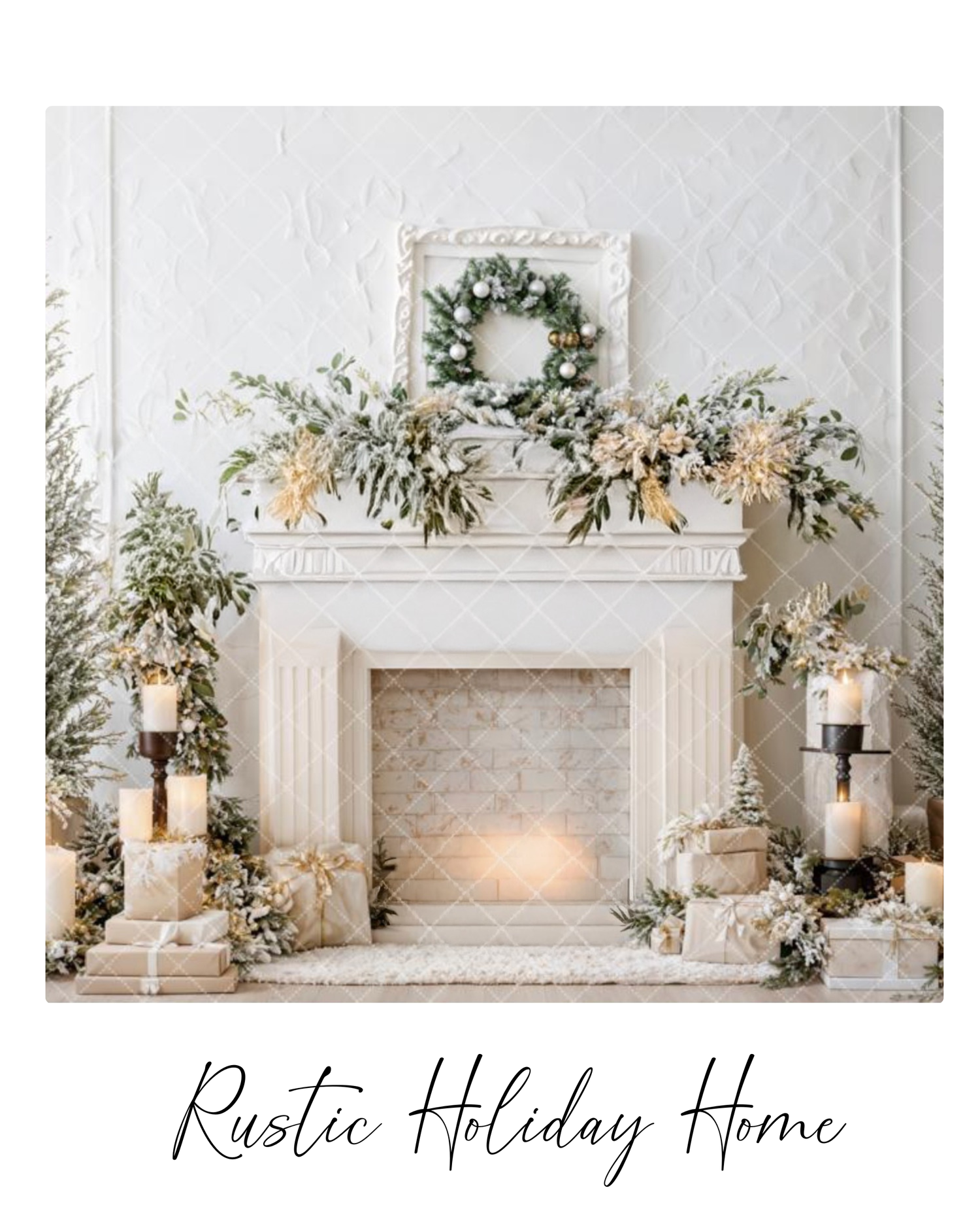 Elegant white fireplace mantel decorated with winter greenery, candles and twinkling lights for a rustic holiday theme.