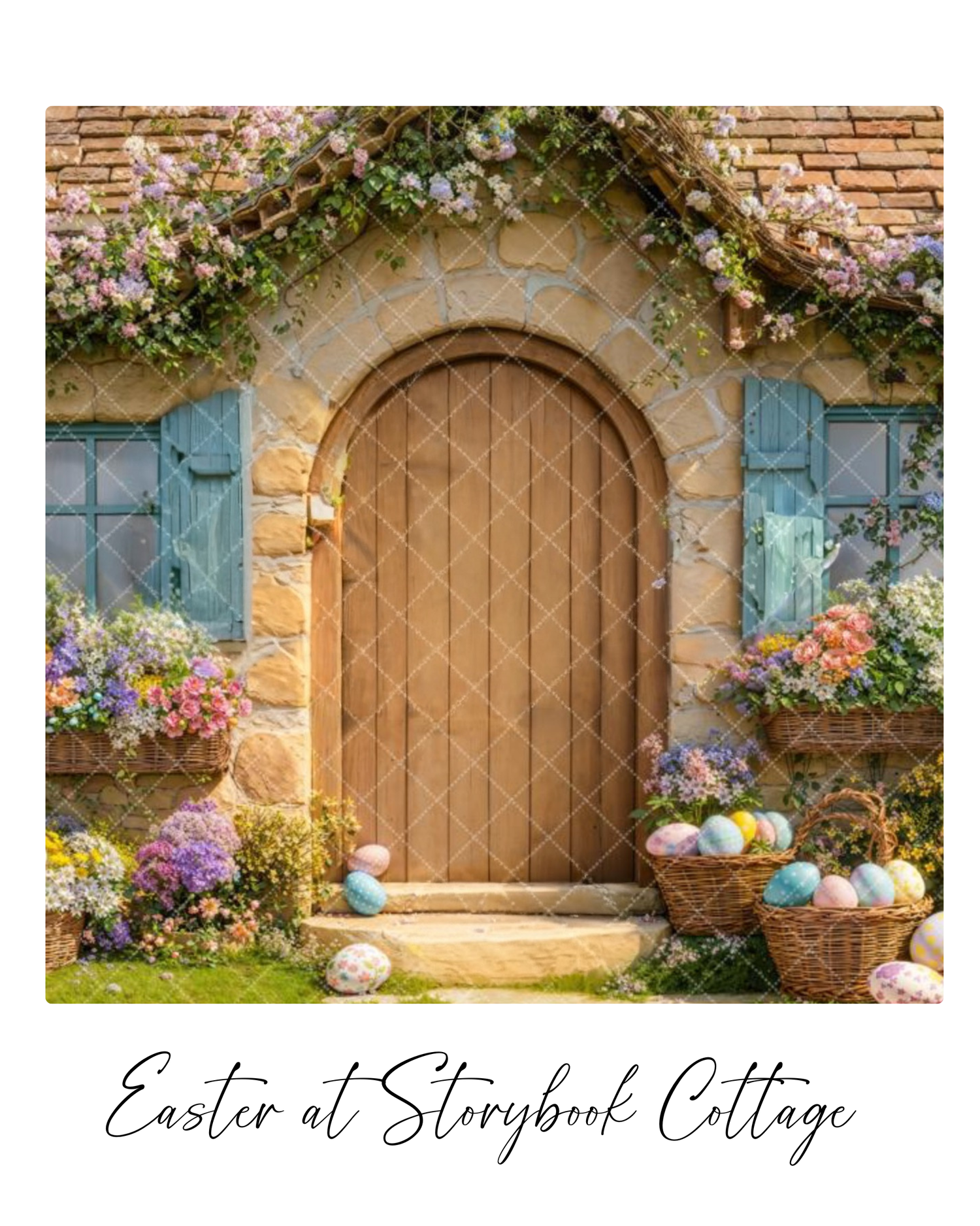Rustic wooden door with stone archway surrounded by colorful spring flowers and climbing vines at Storybook Cottage.