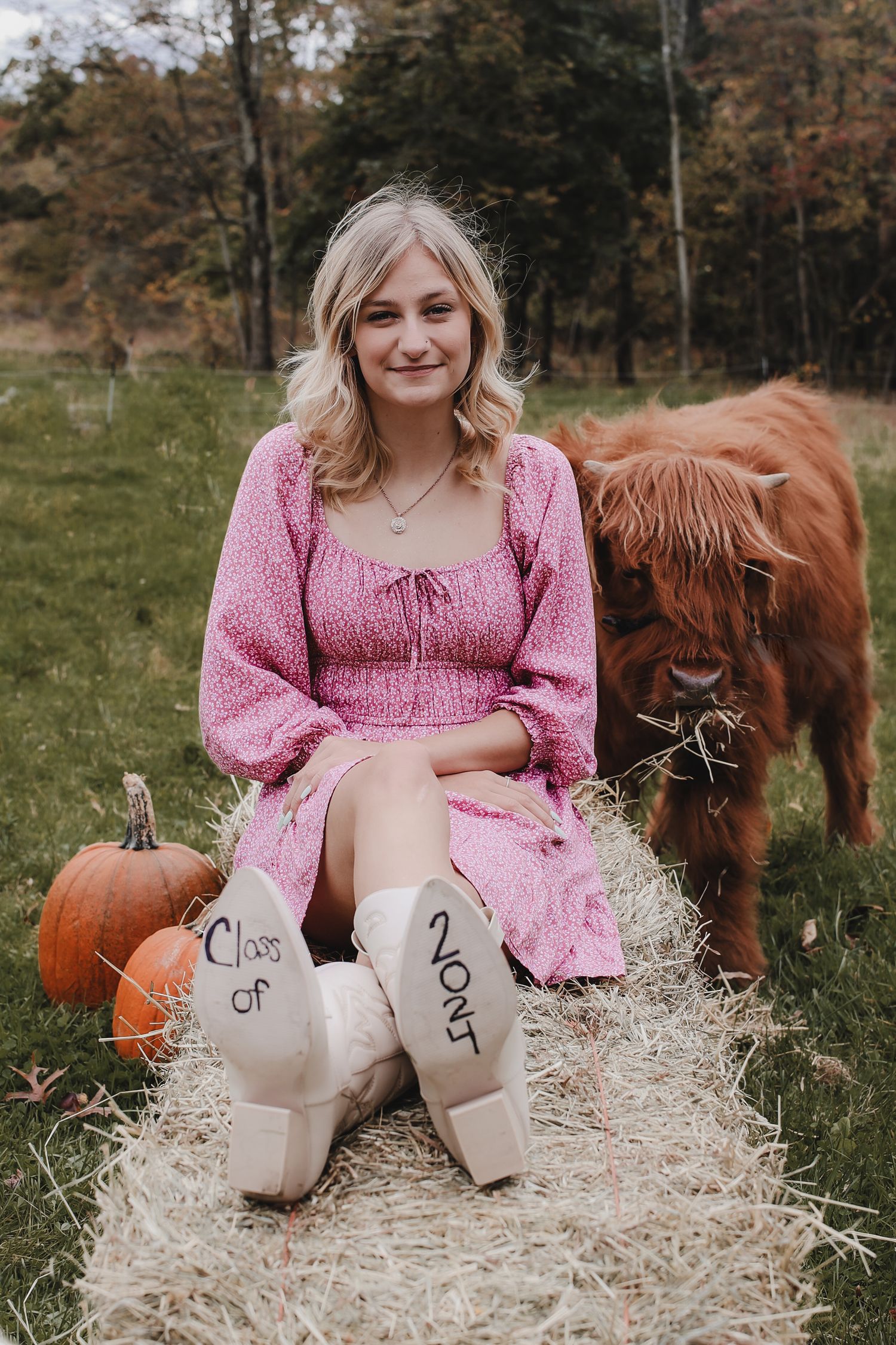 Woman in pink dress sits on hay bale in autumn field with horses and pumpkins creating cozy fall atmosphere.