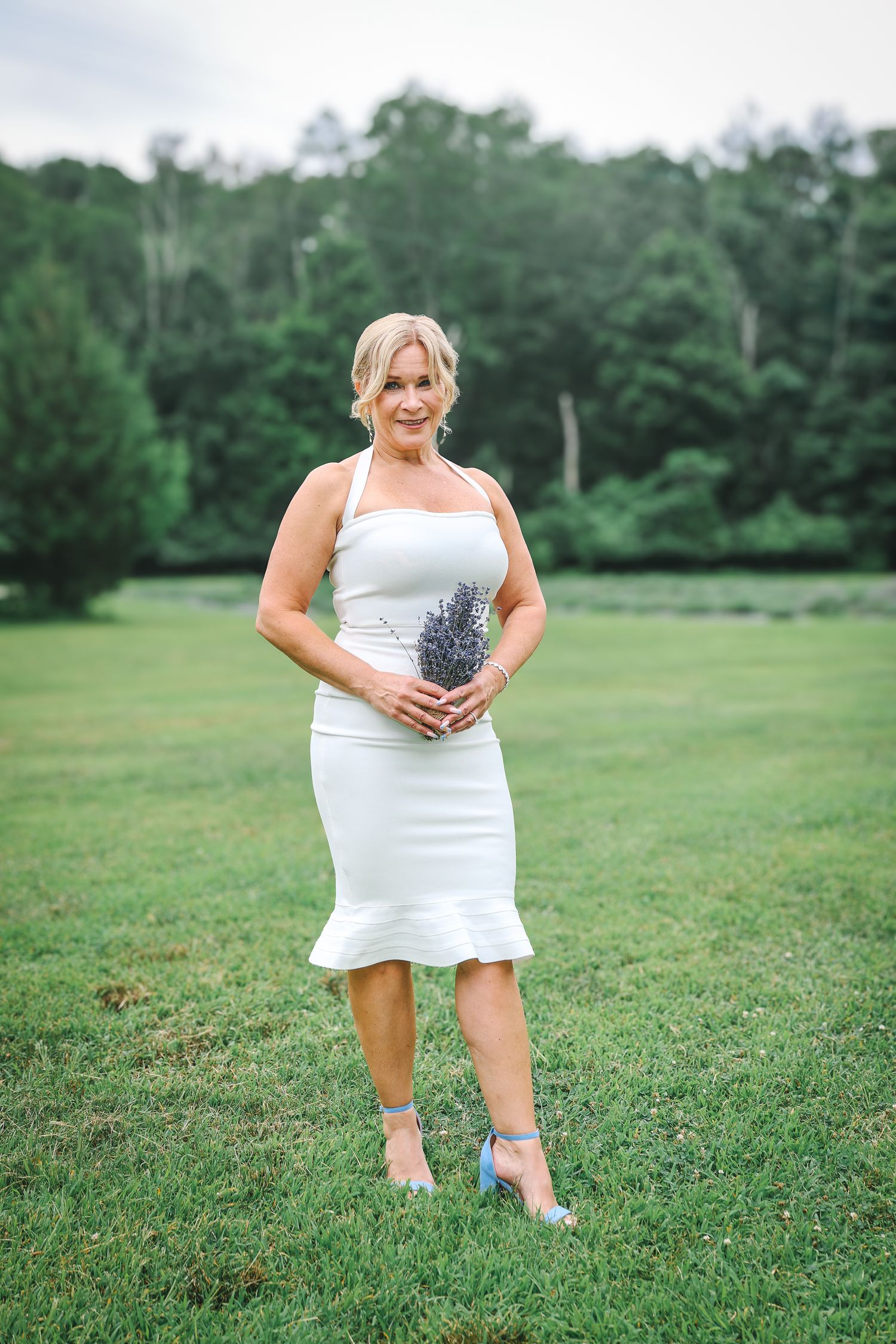 A series of candid photos showing someone in a white dress standing on green grass in an outdoor setting.