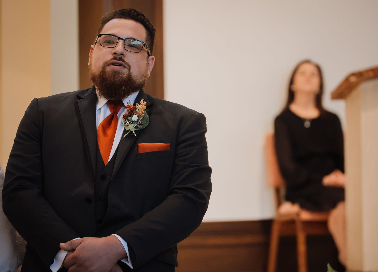 A collage of wedding ceremony moments showing emotional reactions and formal attire in an indoor setting.