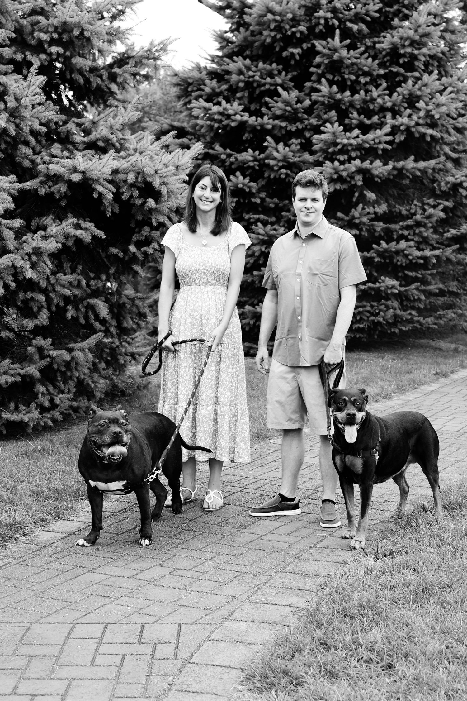Black and white photo series of a couple walking their black Labrador dogs on a stone path in a garden setting.