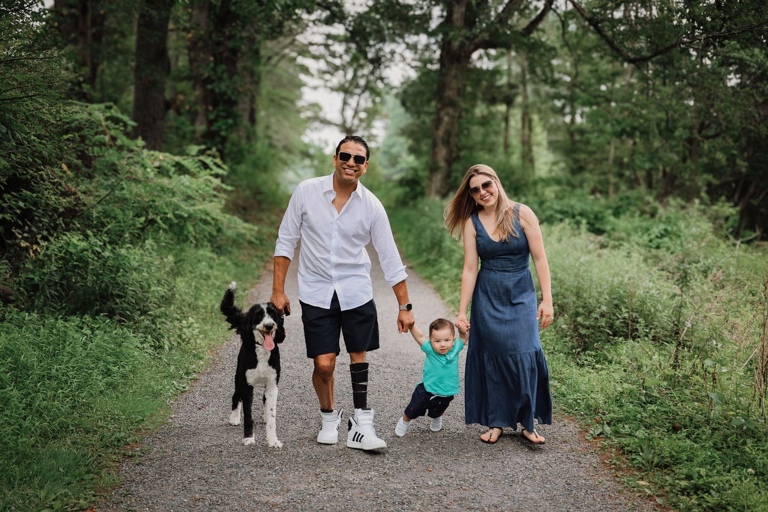 People and dogs walking together on a wooded trail during a summer day.