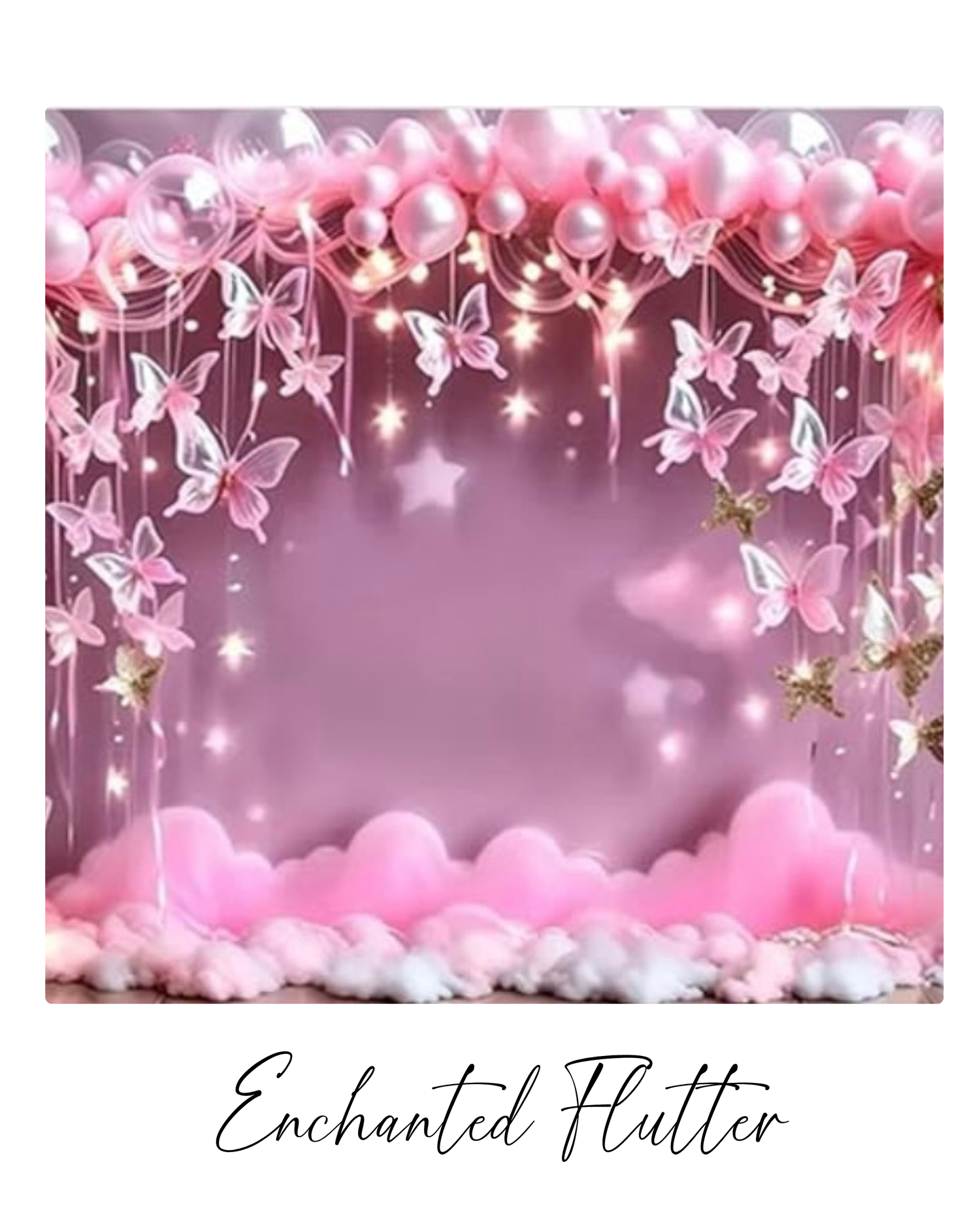 Decorative pink and white butterfly border design with sparkles and floral elements against a dreamy pink background.