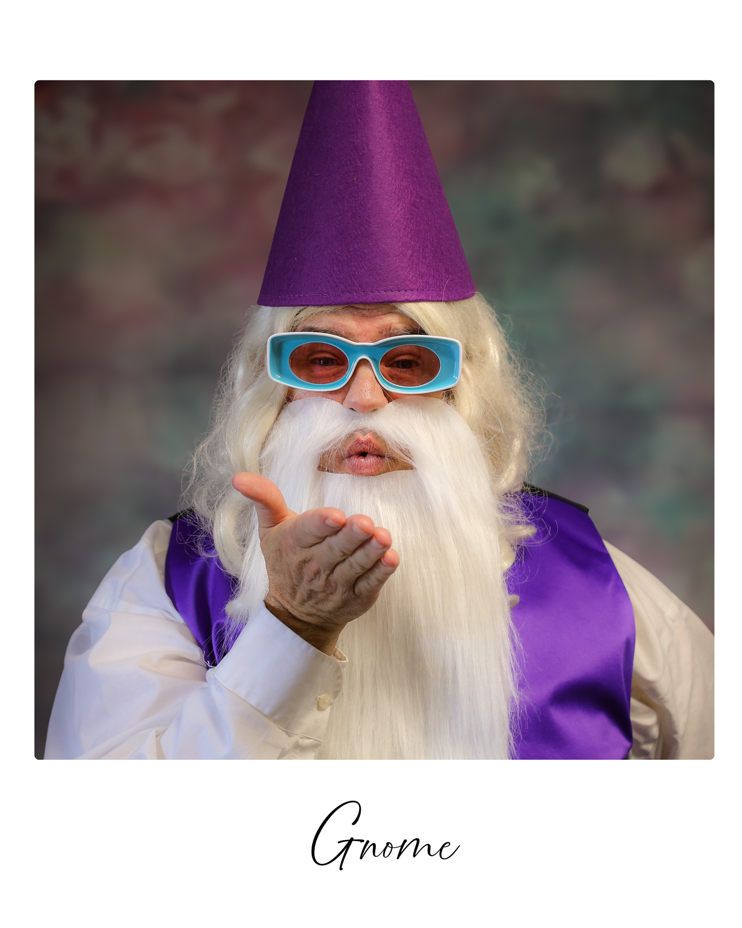 A whimsical figure in a purple wizard hat and white beard strikes playful poses in a photo collage sequence.