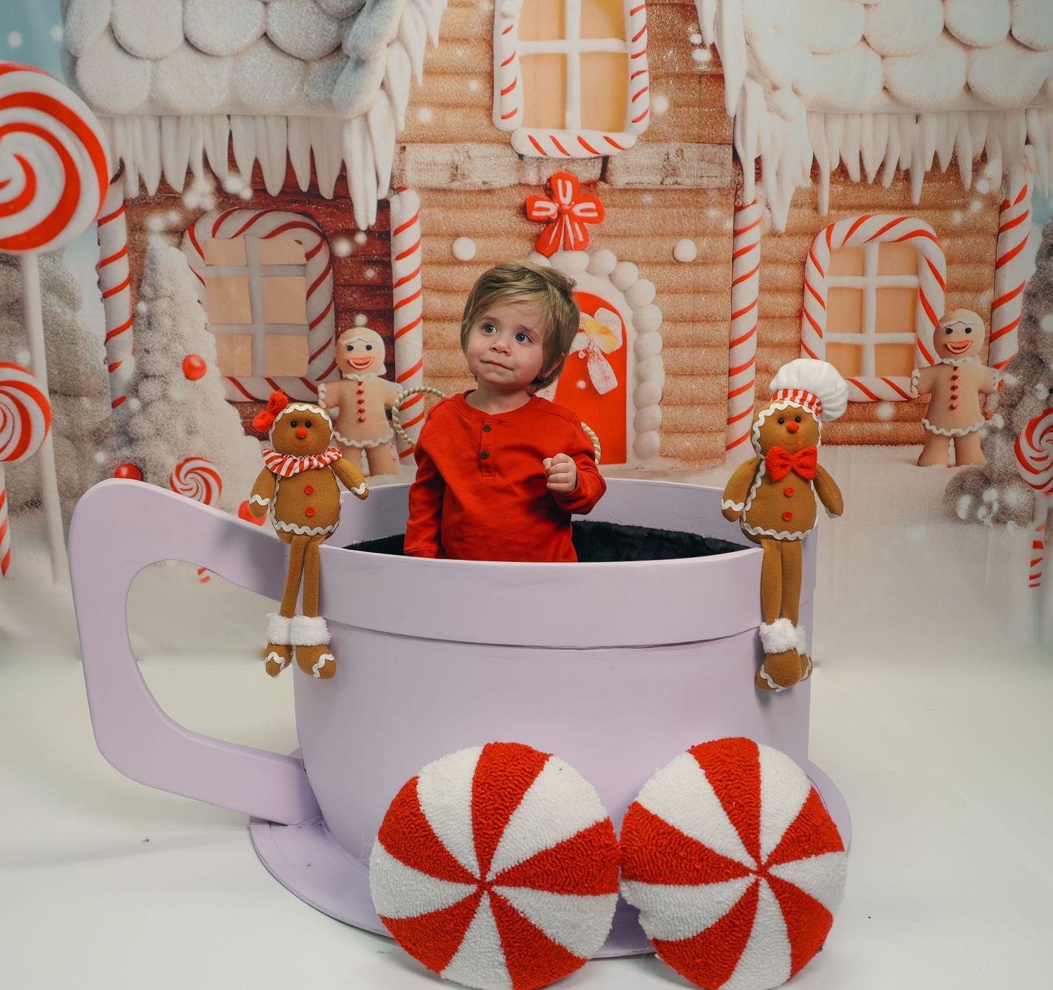 A sequence of photos showing a decorative peppermint candy-themed holiday display with red and white spiral elements.