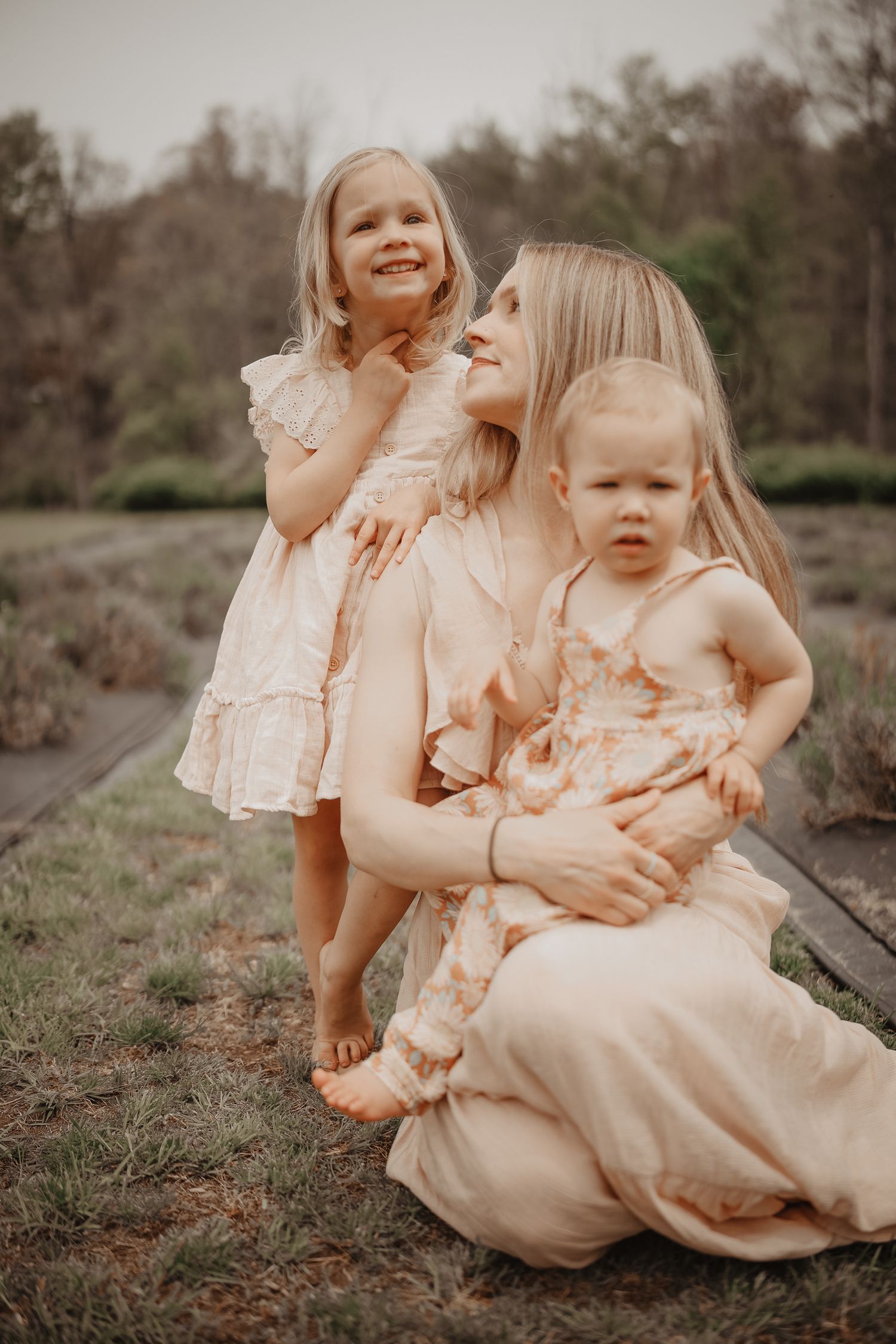 A series of outdoor family portraits showing tender moments between parent and child in soft neutral tones.