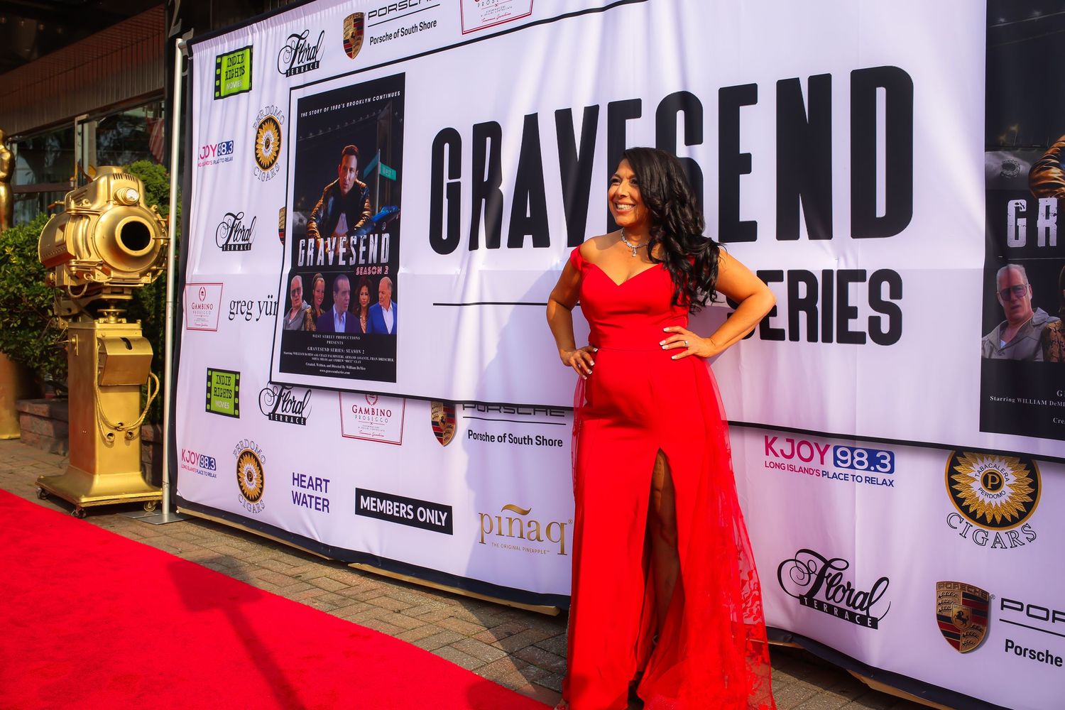 A collage of red carpet event photos showing someone in a vibrant red dress posing against promotional backdrops.