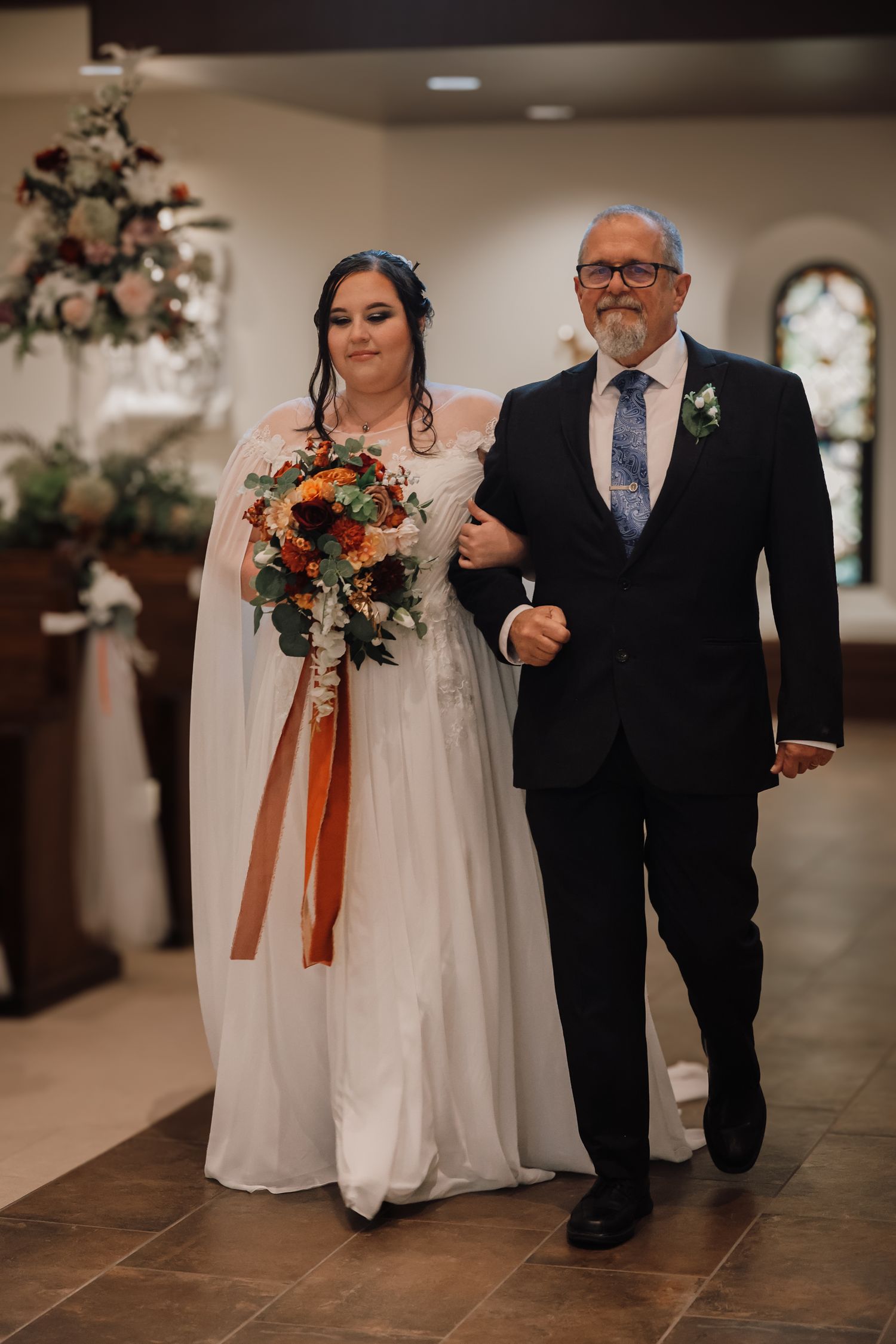 A sequence of wedding photos showing a bride in white dress walking with a suited escort down a tiled hallway.